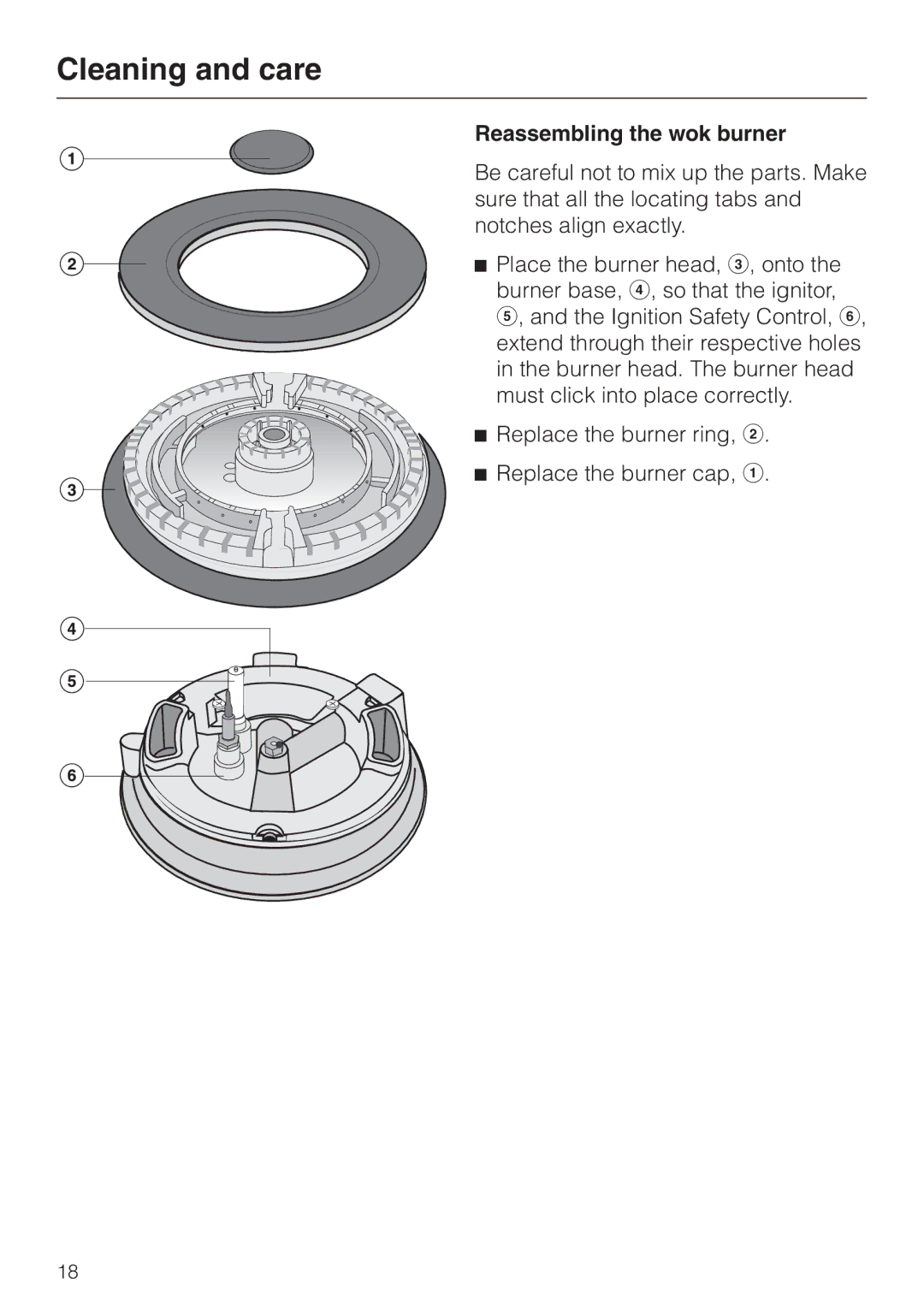 Miele KM391 operating instructions Reassembling the wok burner 