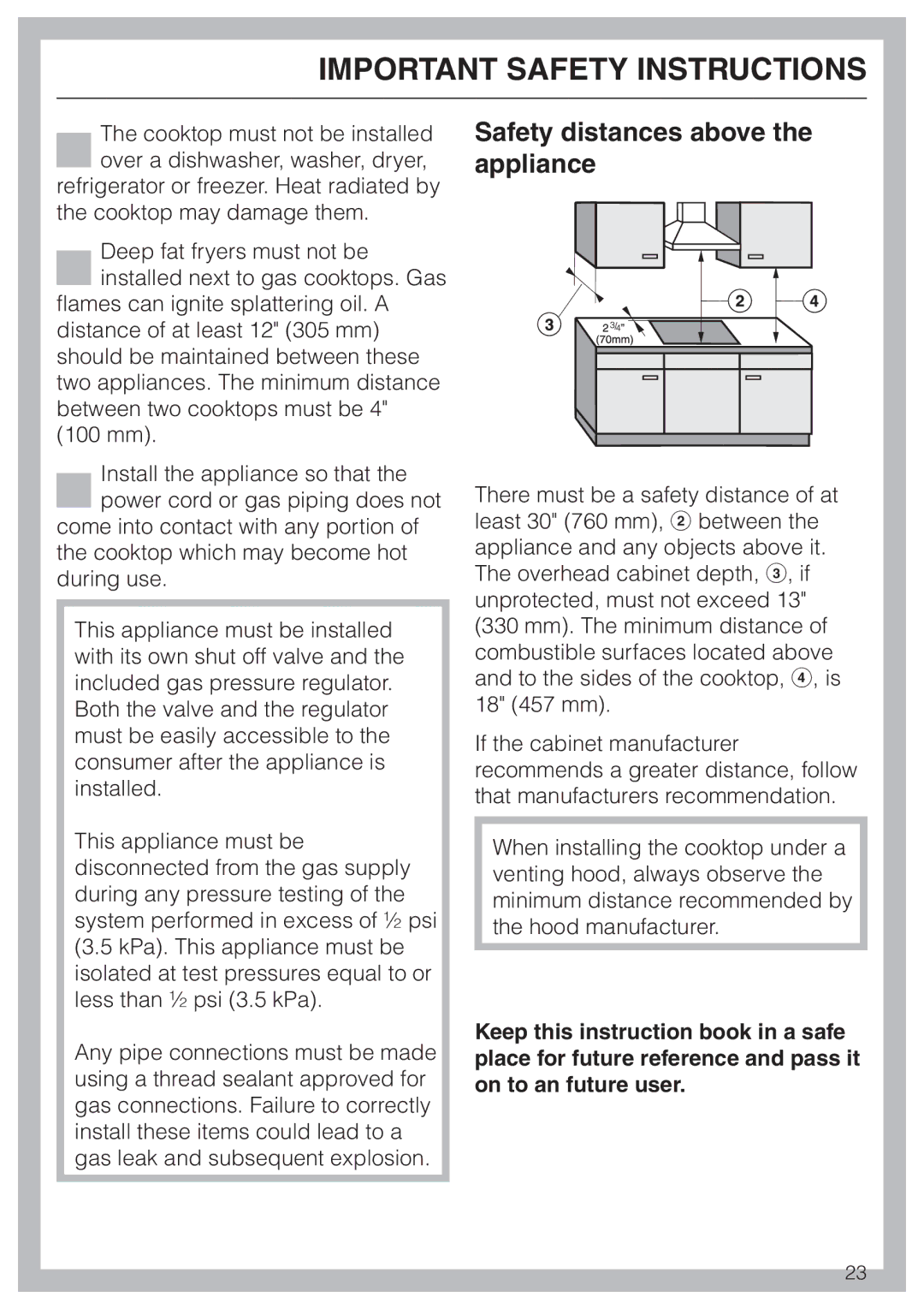 Miele KM391 operating instructions Safety distances above the appliance 