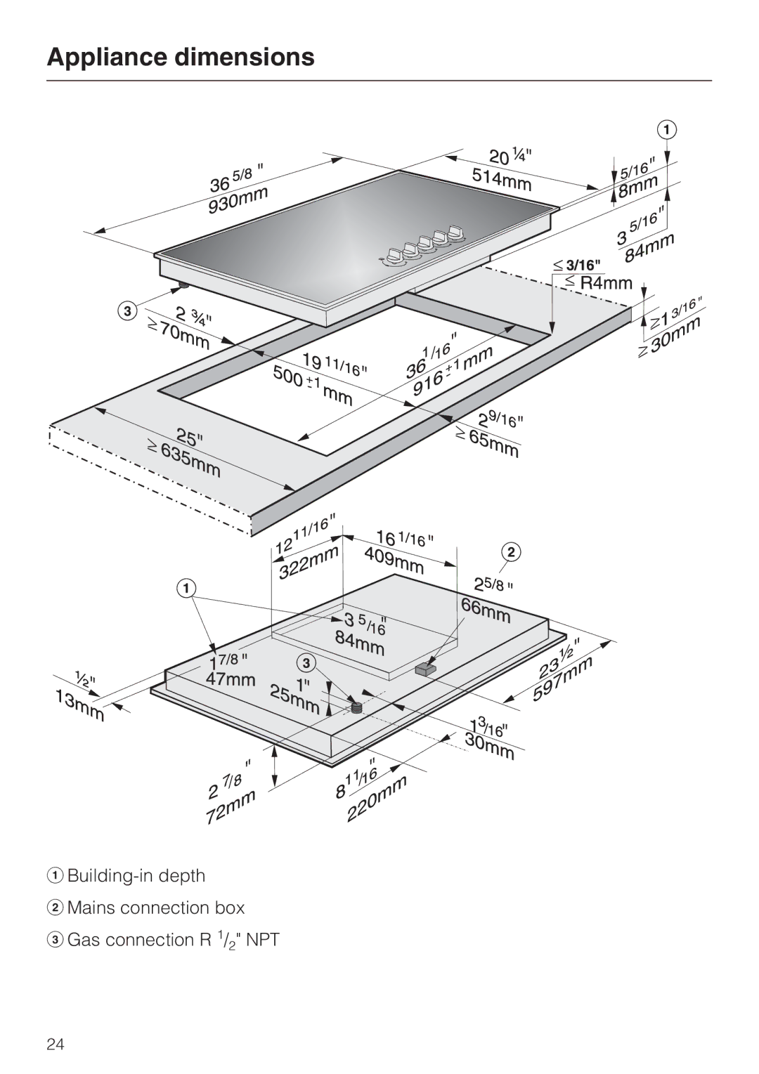 Miele KM391 operating instructions Appliance dimensions 