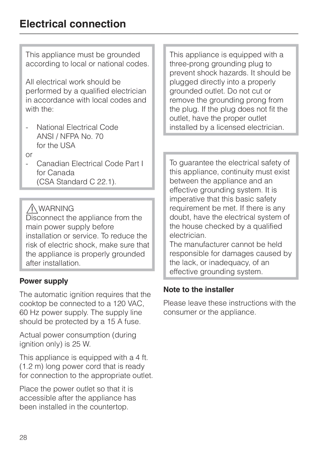 Miele KM391 operating instructions Electrical connection, Power supply 