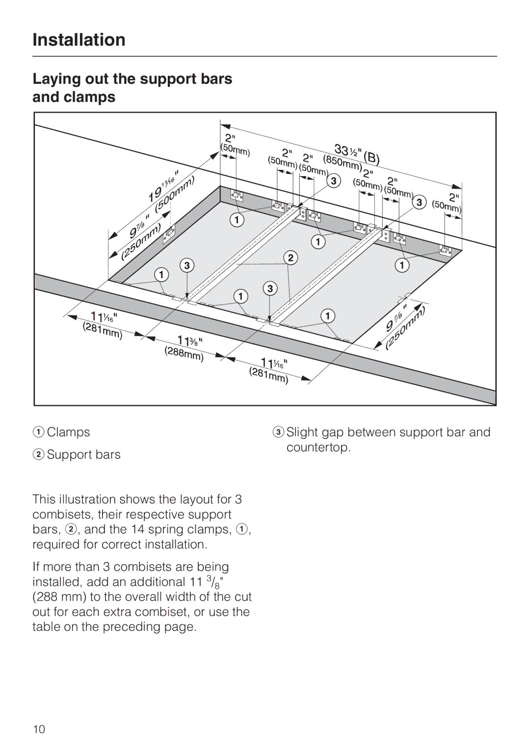 Miele KM402, KM410 installation instructions Laying out the support bars and clamps 