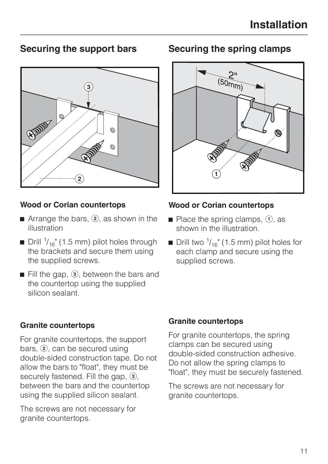 Miele KM410, KM402 Securing the support bars Securing the spring clamps, Wood or Corian countertops, Granite countertops 