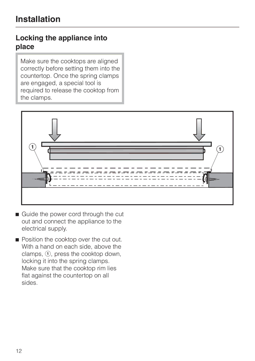 Miele KM402, KM410 installation instructions Locking the appliance into place 