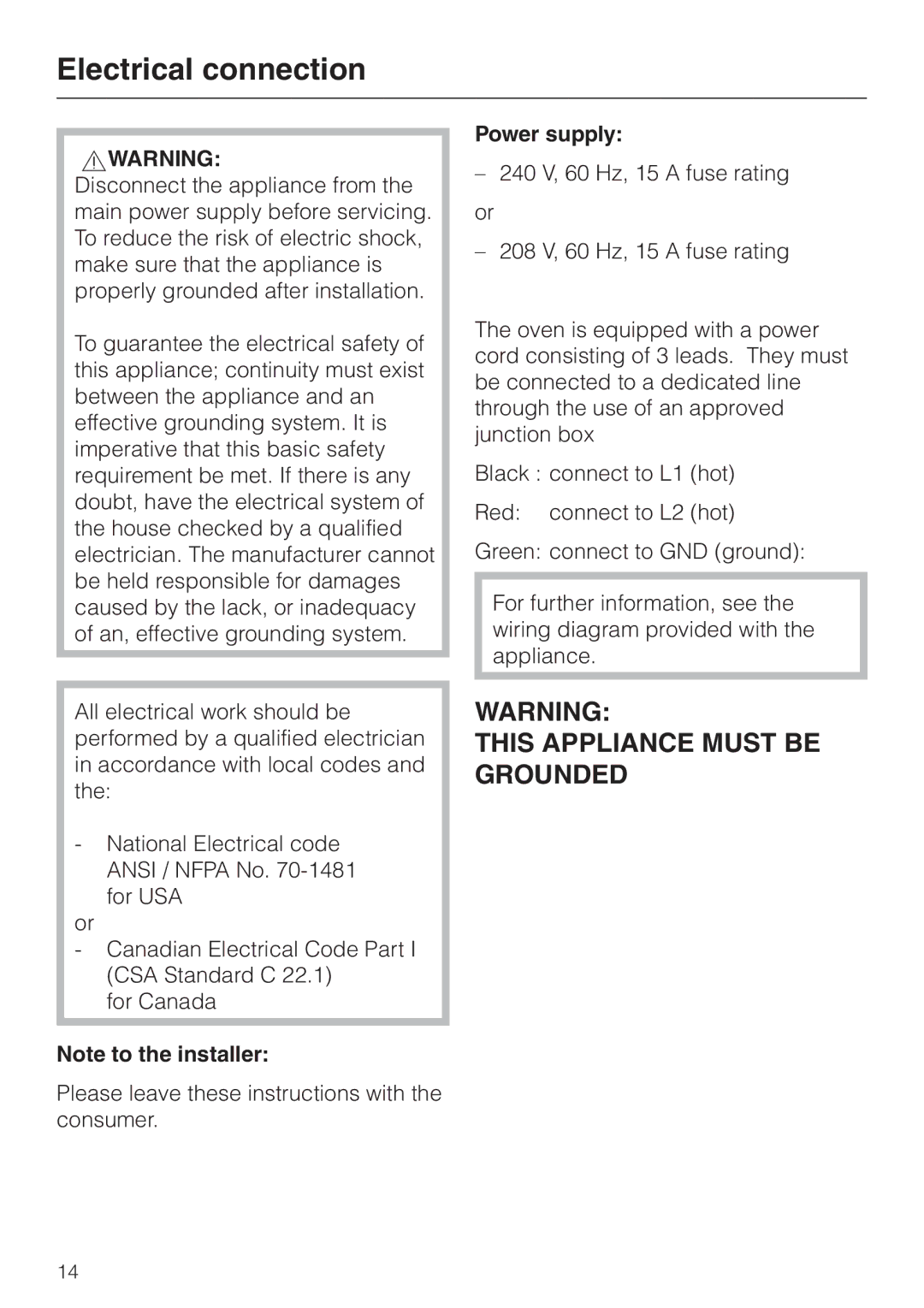 Miele KM402, KM410 installation instructions Electrical connection, Power supply 