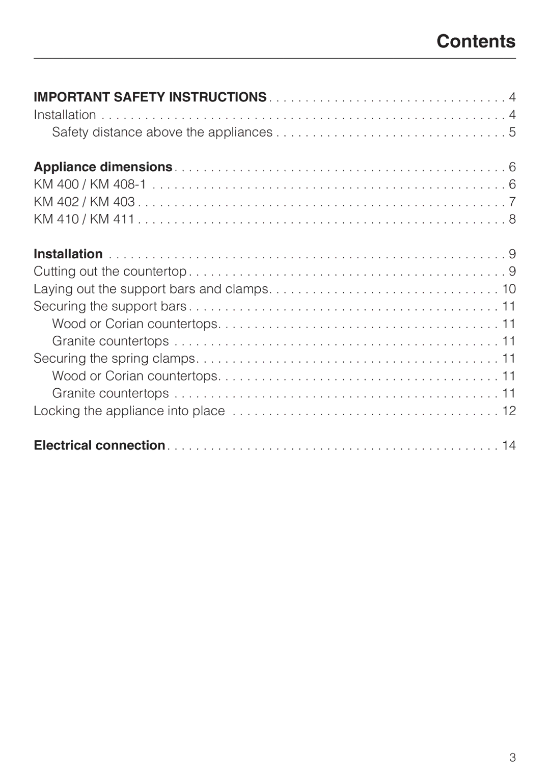 Miele KM410, KM402 installation instructions Contents 