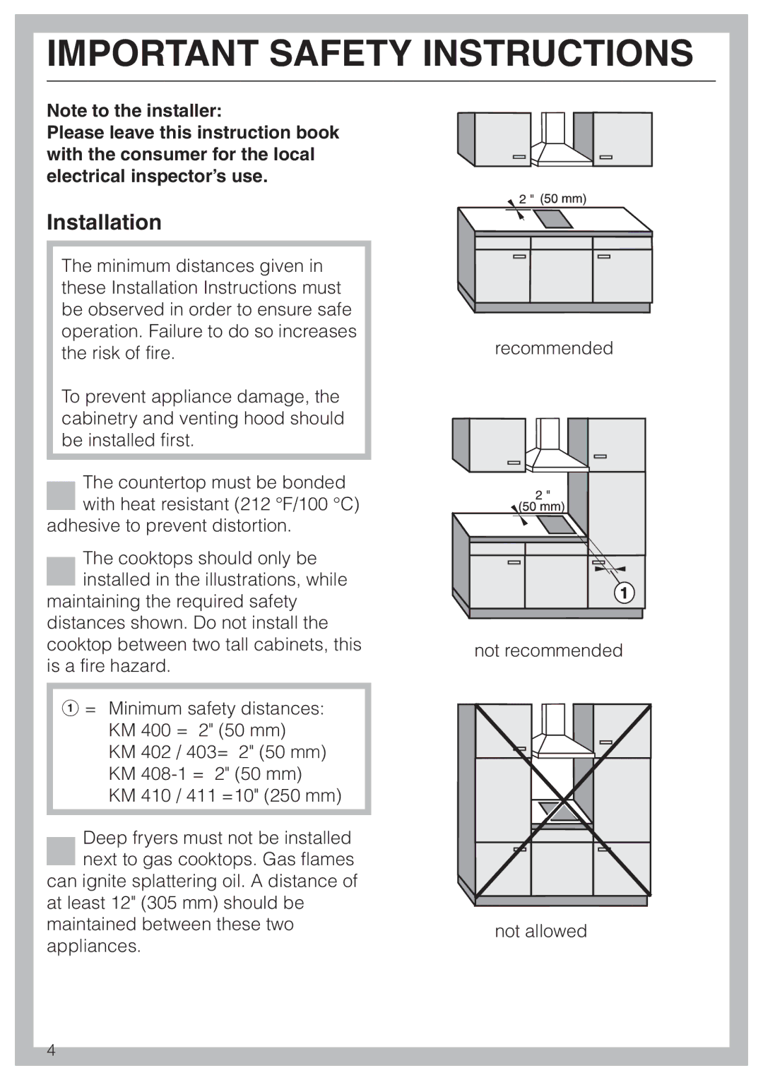 Miele KM402, KM410 installation instructions Important Safety Instructions, Installation 