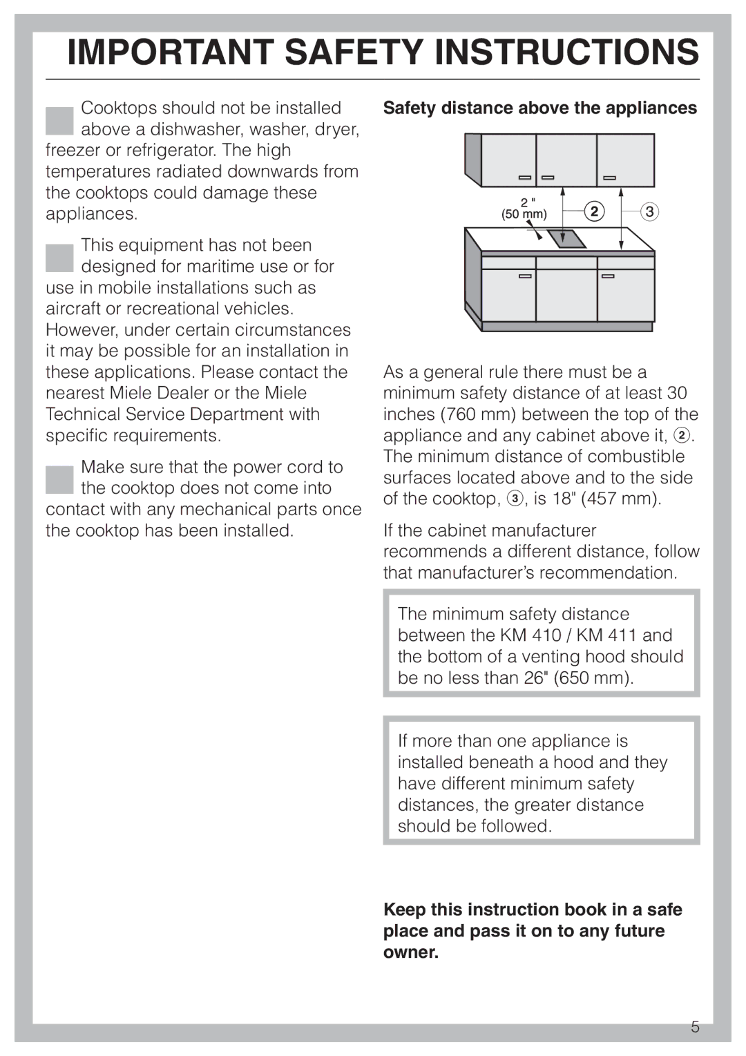 Miele KM410, KM402 installation instructions Safety distance above the appliances 