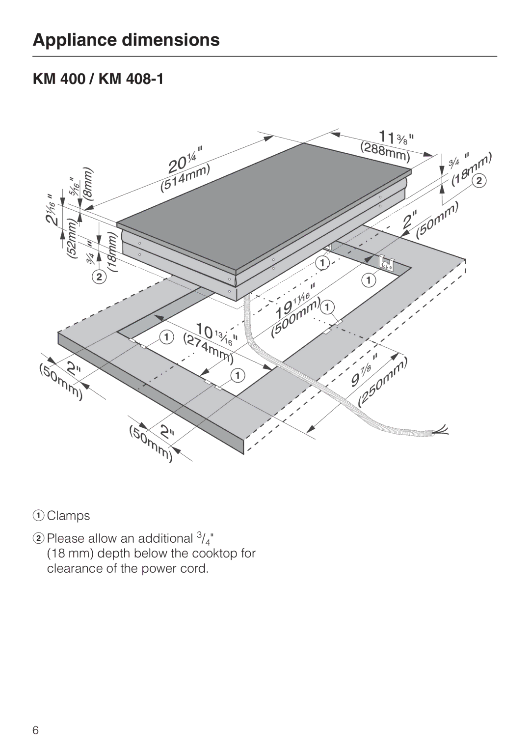 Miele KM402, KM410 installation instructions Appliance dimensions, KM 400 / KM 