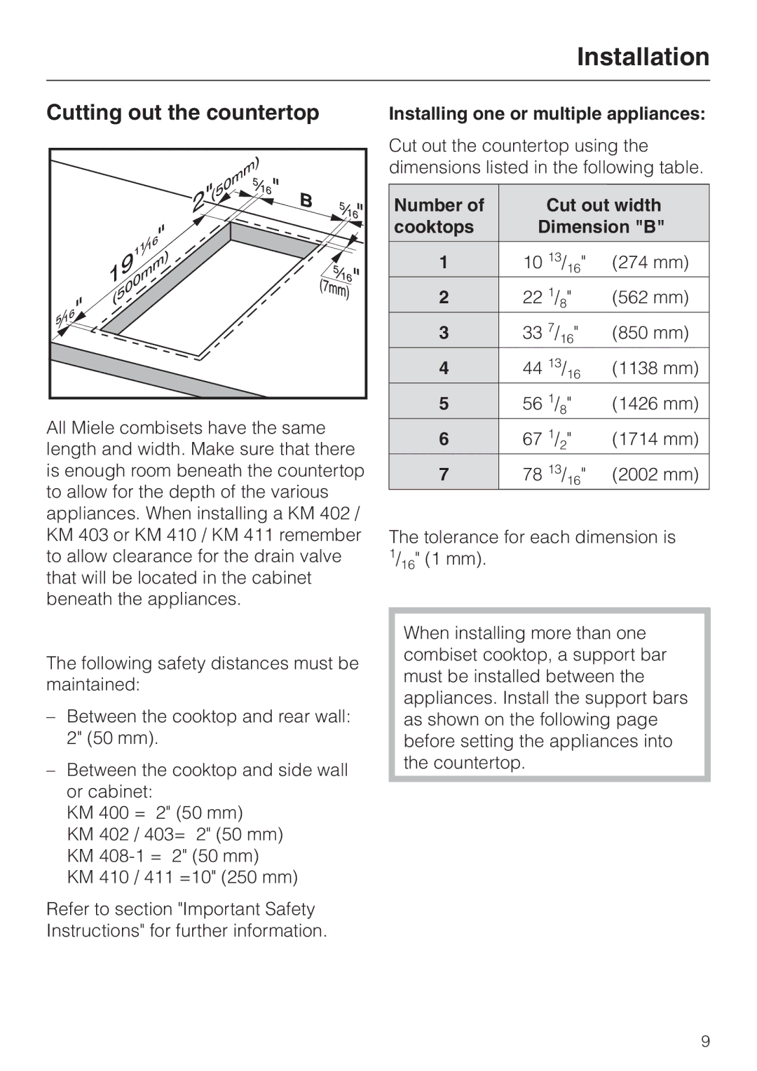 Miele KM410, KM402 installation instructions Installation, Cutting out the countertop, Installing one or multiple appliances 