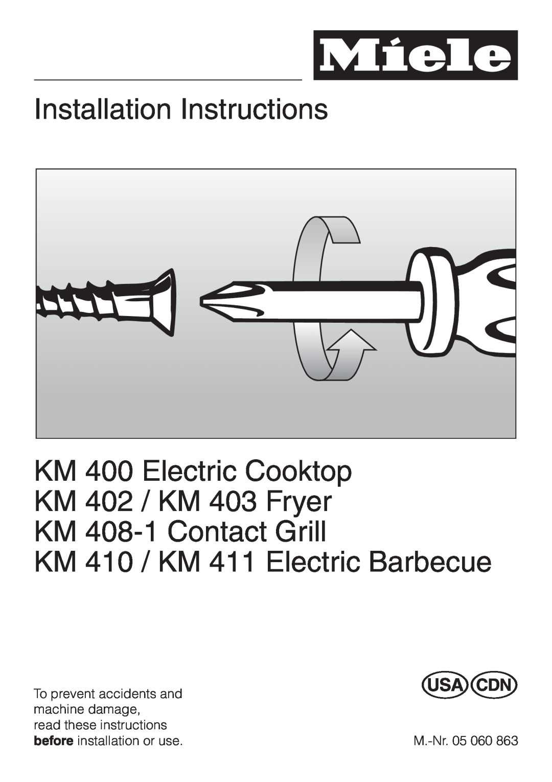 Miele KM410 installation instructions Installation Instructions KM 400 Electric Cooktop, KM 410 / KM 411 Electric Barbecue 