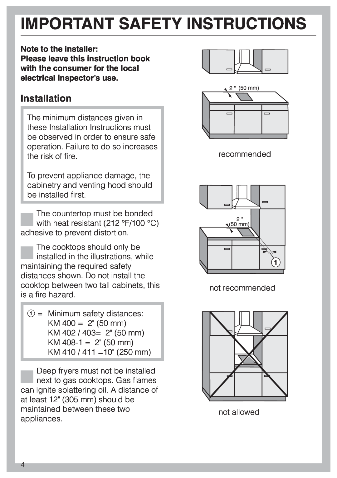 Miele KM402, KM410 installation instructions Important Safety Instructions, Installation, Note to the installer 