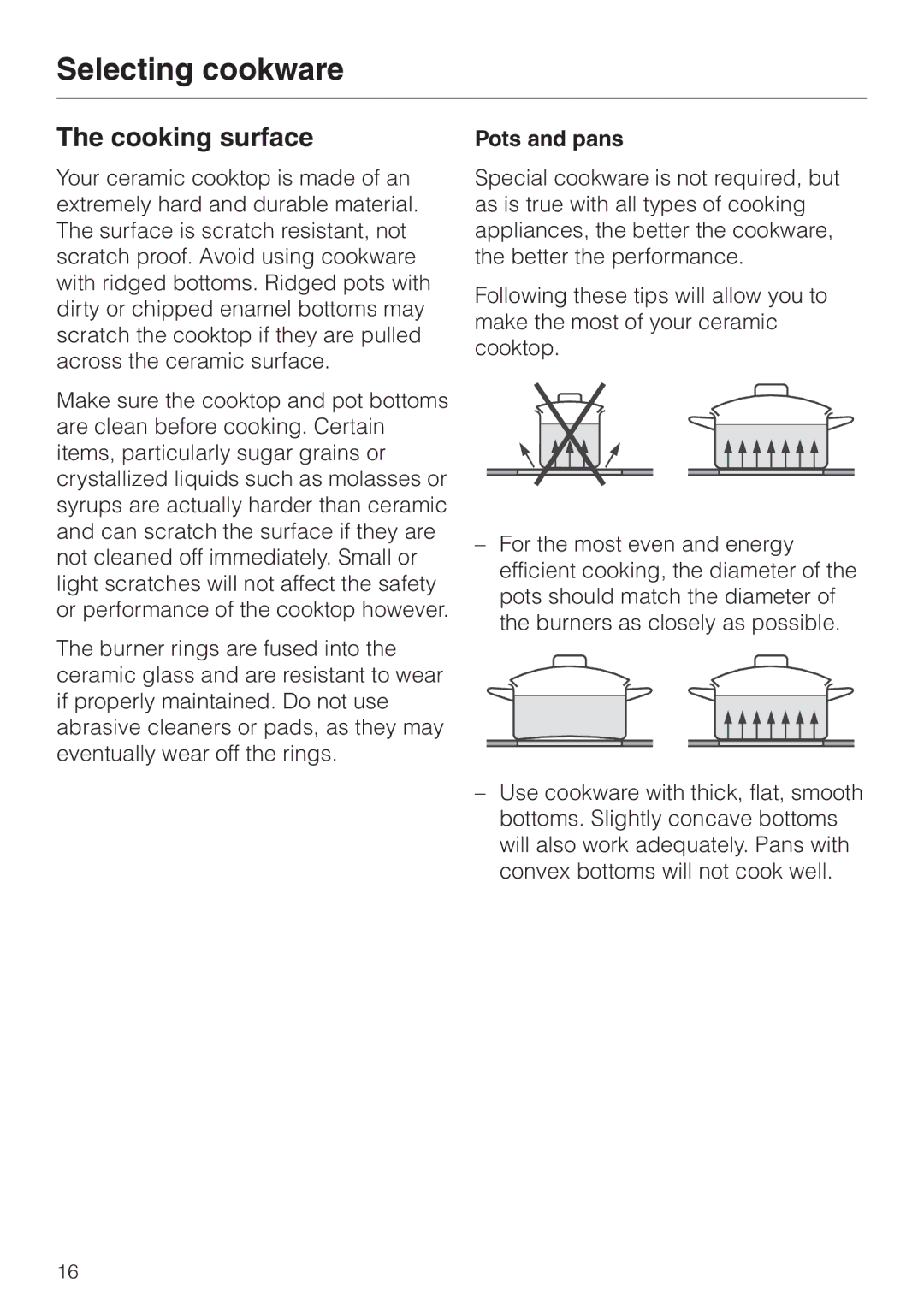 Miele KM412, KM400 operating instructions Selecting cookware, Cooking surface, Pots and pans 