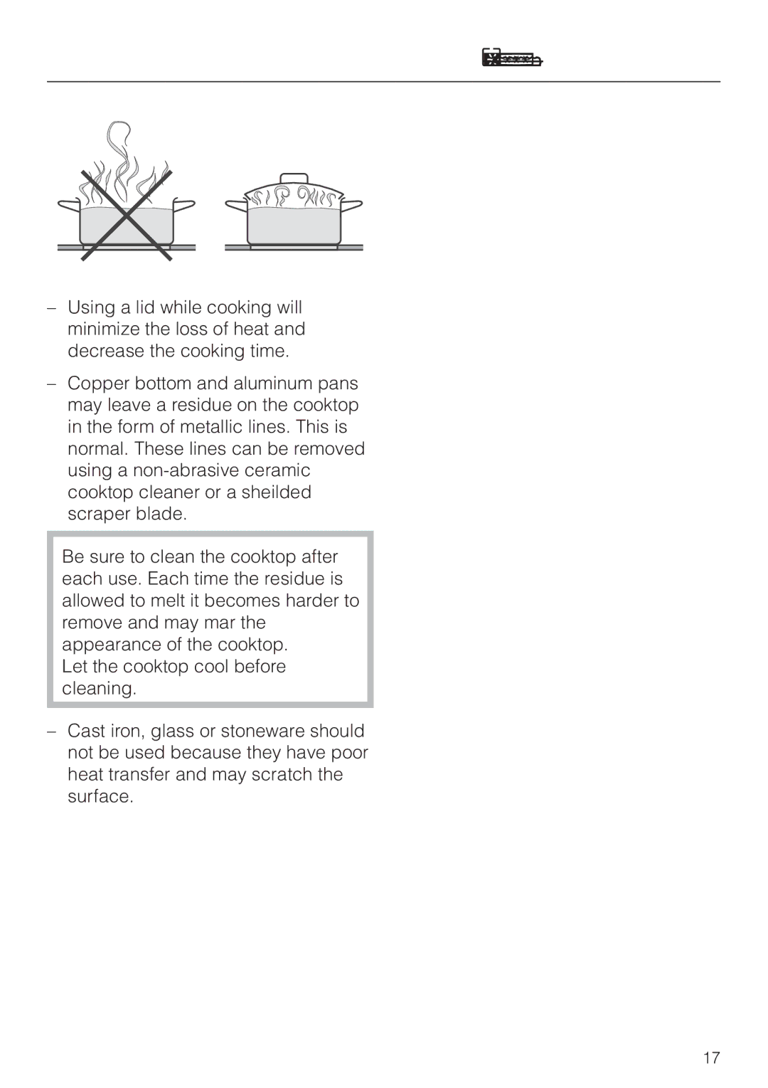 Miele KM400, KM412 operating instructions Selecting cookware 