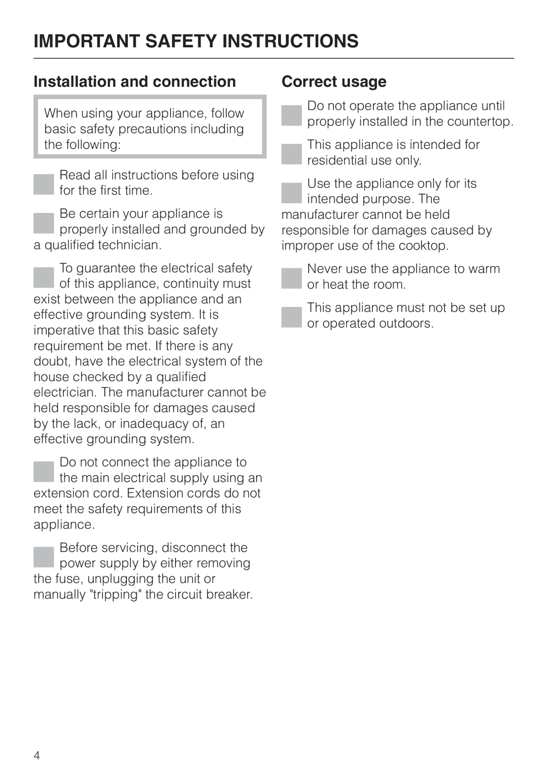 Miele KM412, KM400 operating instructions Important Safety Instructions, Installation and connection 