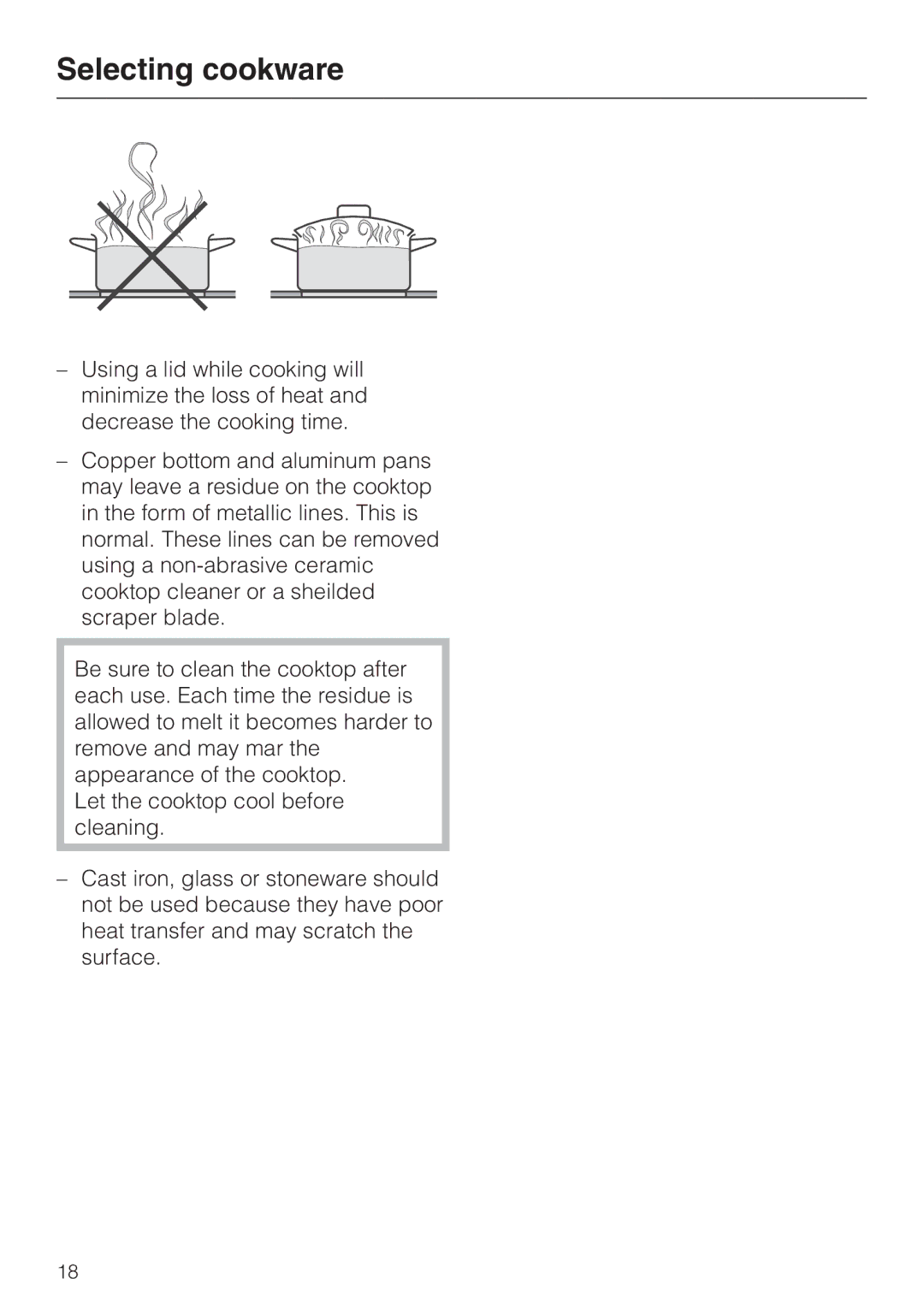 Miele KM424, KM427, KM421 manual Selecting cookware 