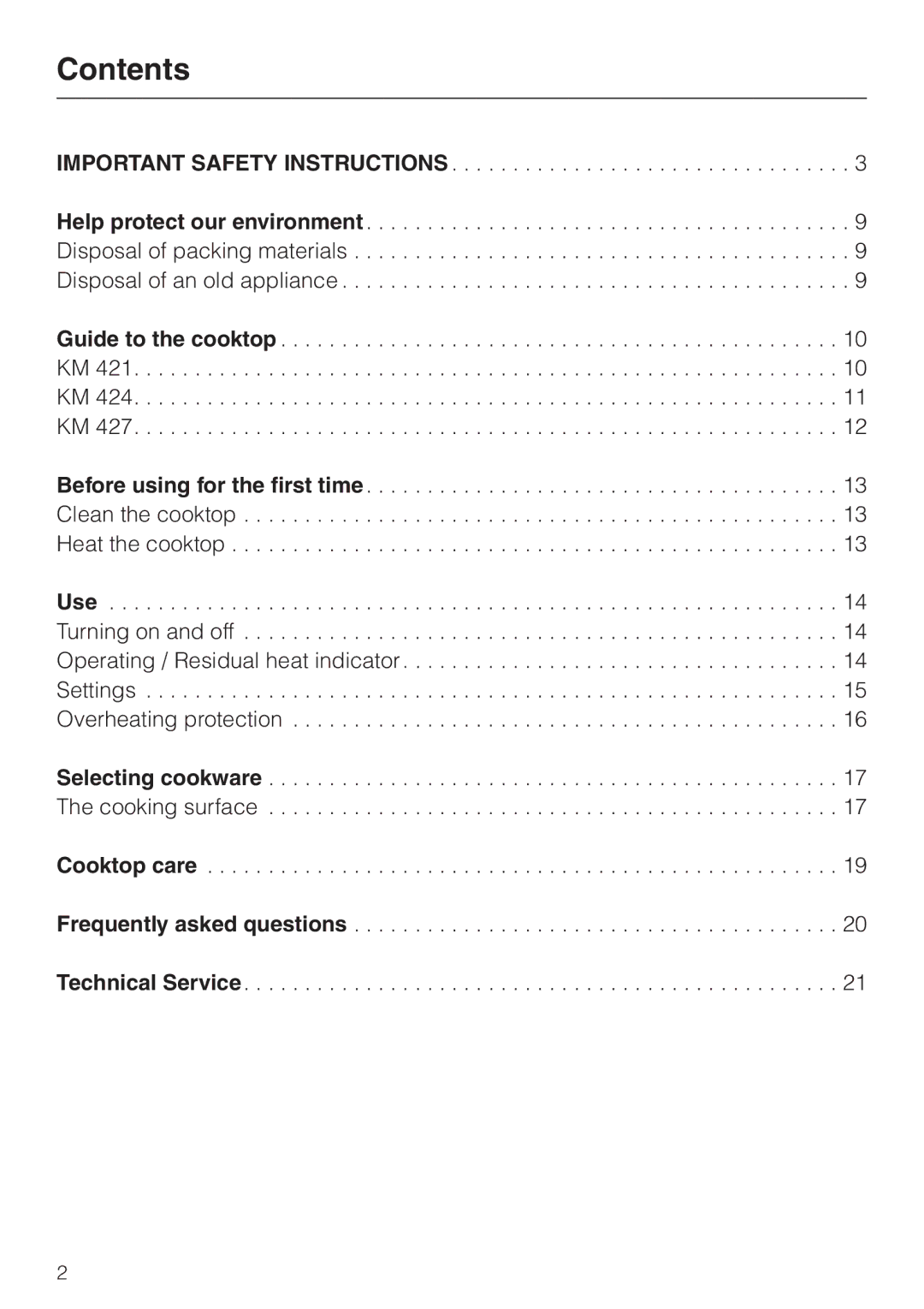 Miele KM421, KM424, KM427 manual Contents 