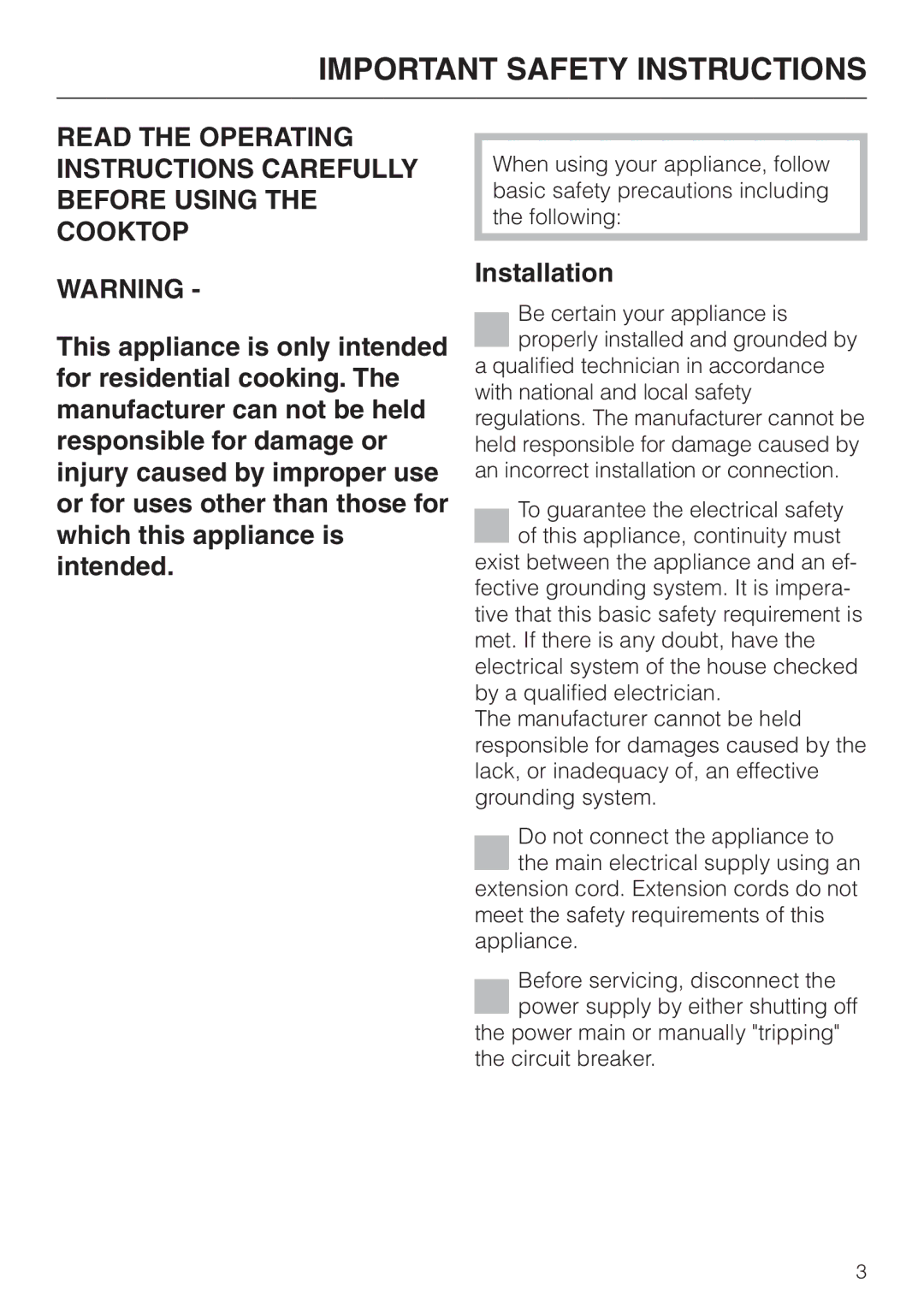 Miele KM424, KM427, KM421 manual Important Safety Instructions, Installation 