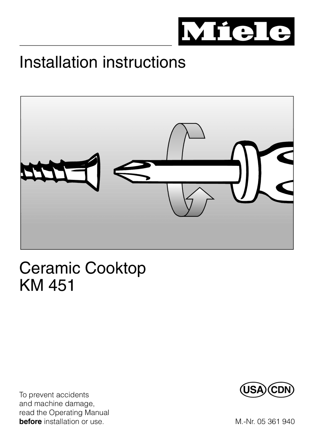 Miele KM451BK installation instructions Installation instructions Ceramic Cooktop KM 