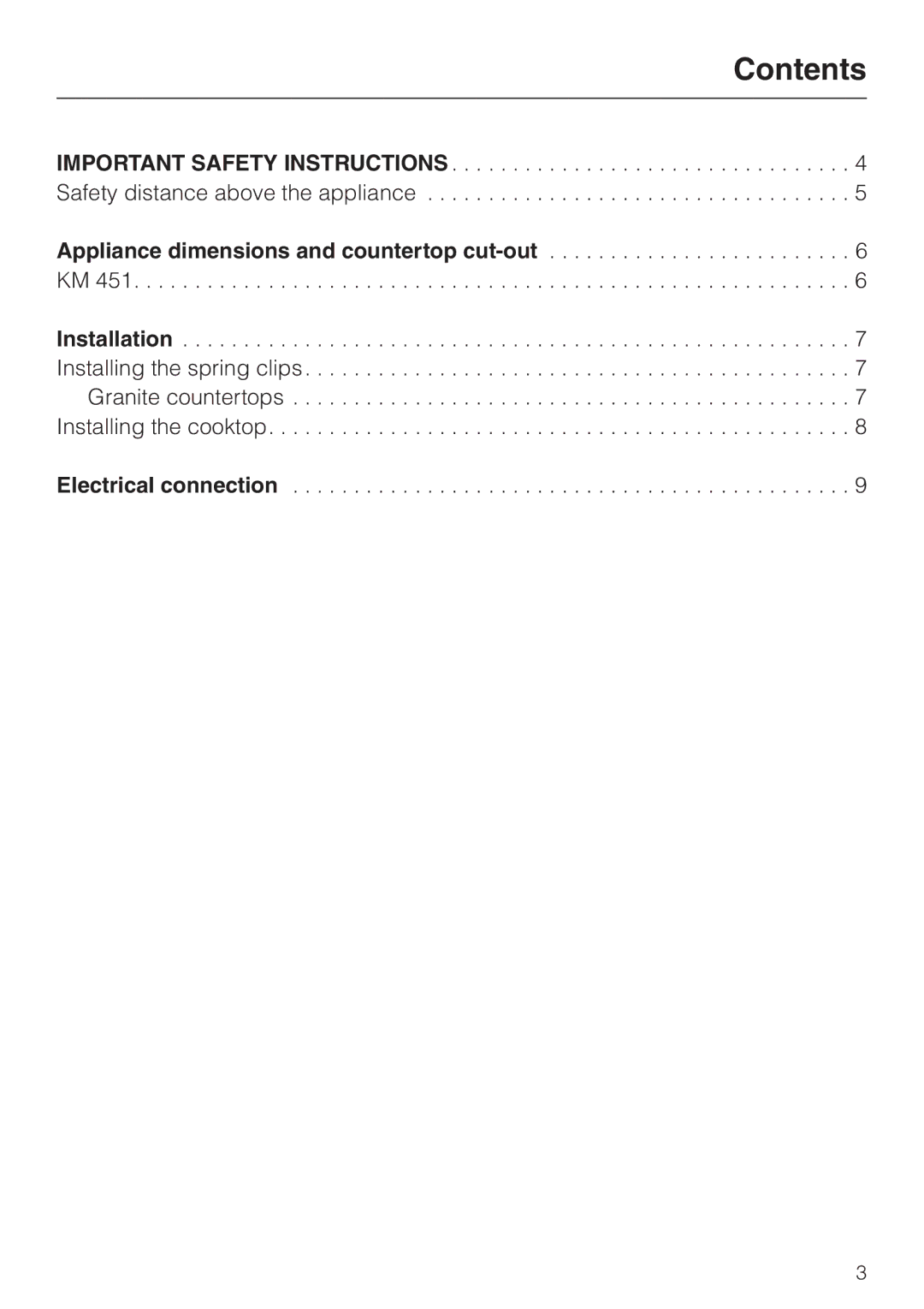 Miele KM451BK installation instructions Contents 