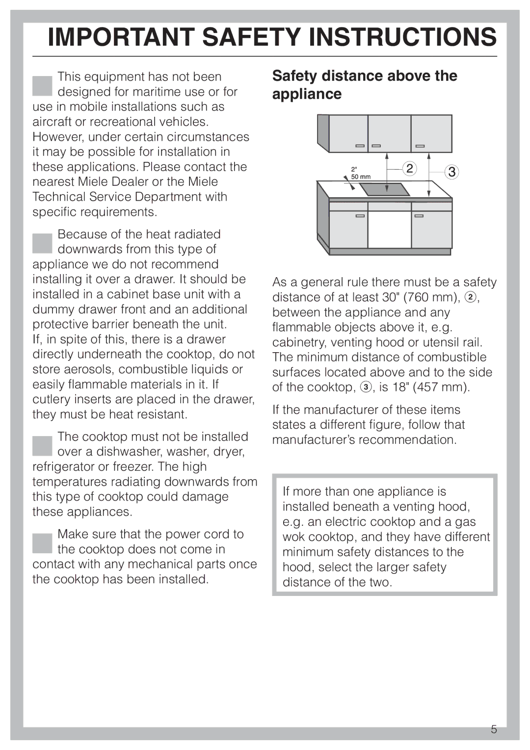 Miele KM451BK installation instructions Safety distance above the appliance 