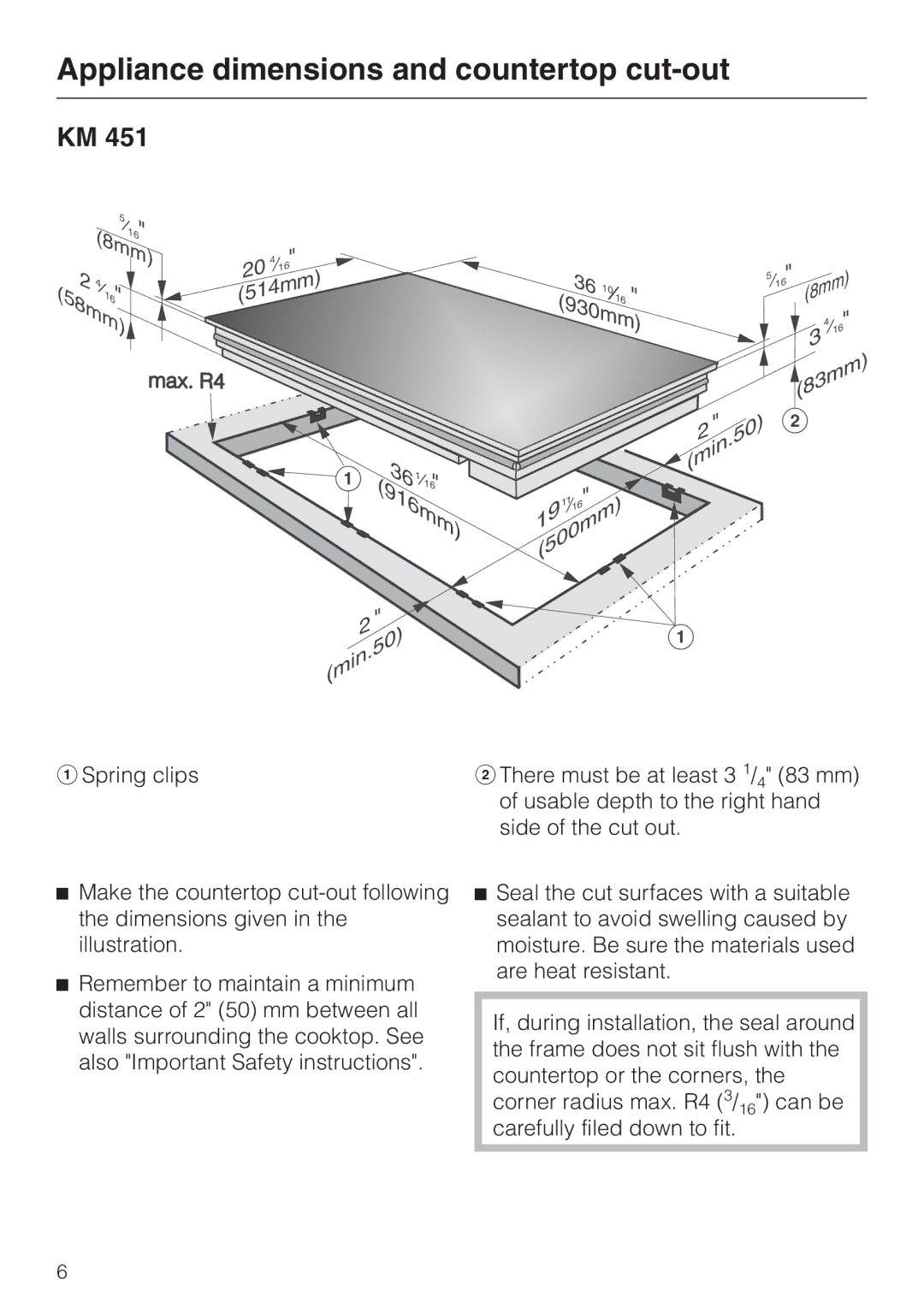 Miele KM451BK installation instructions Appliance dimensions and countertop cut-out, Max. R4 