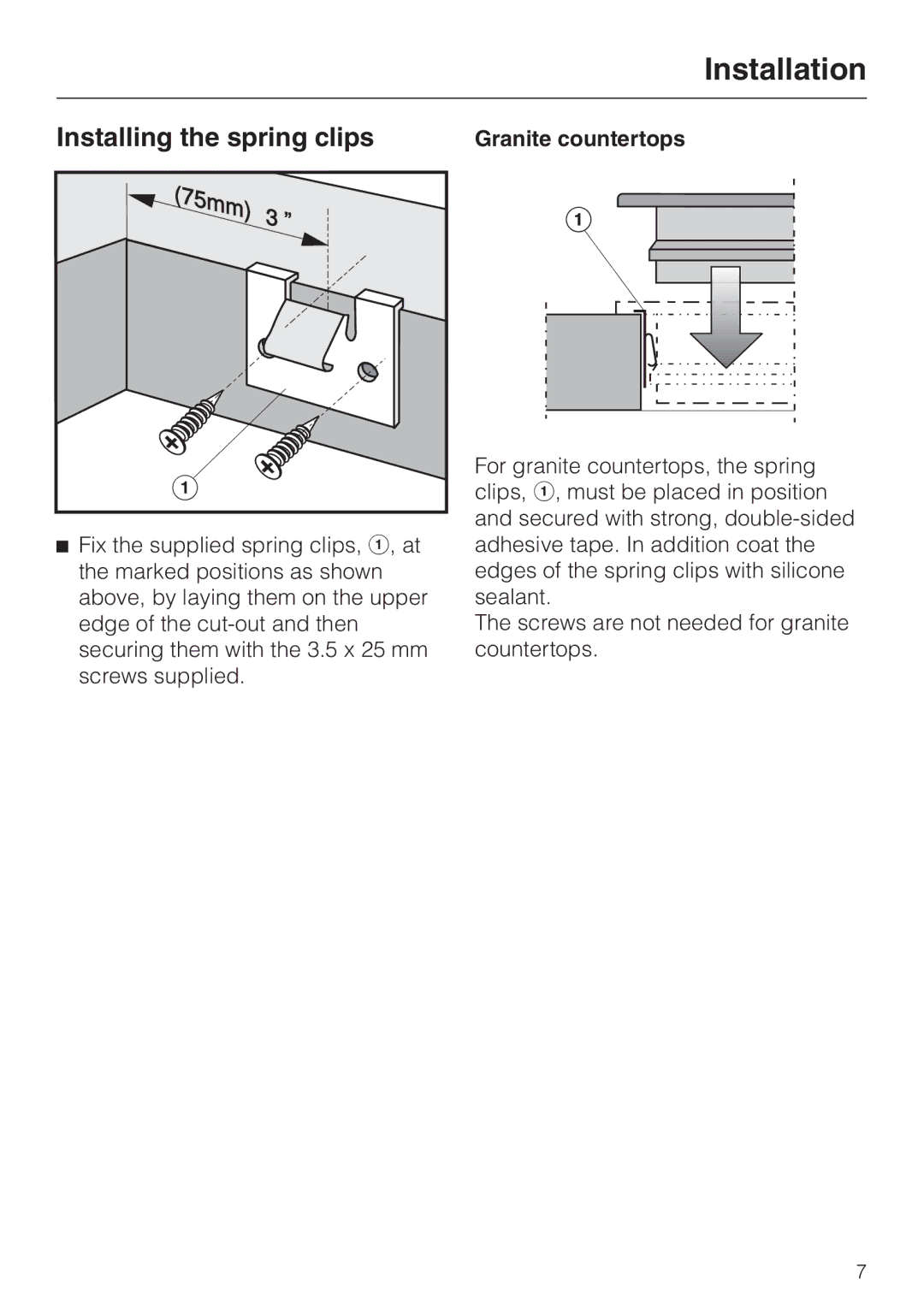 Miele KM451BK installation instructions Installation, Installing the spring clips 