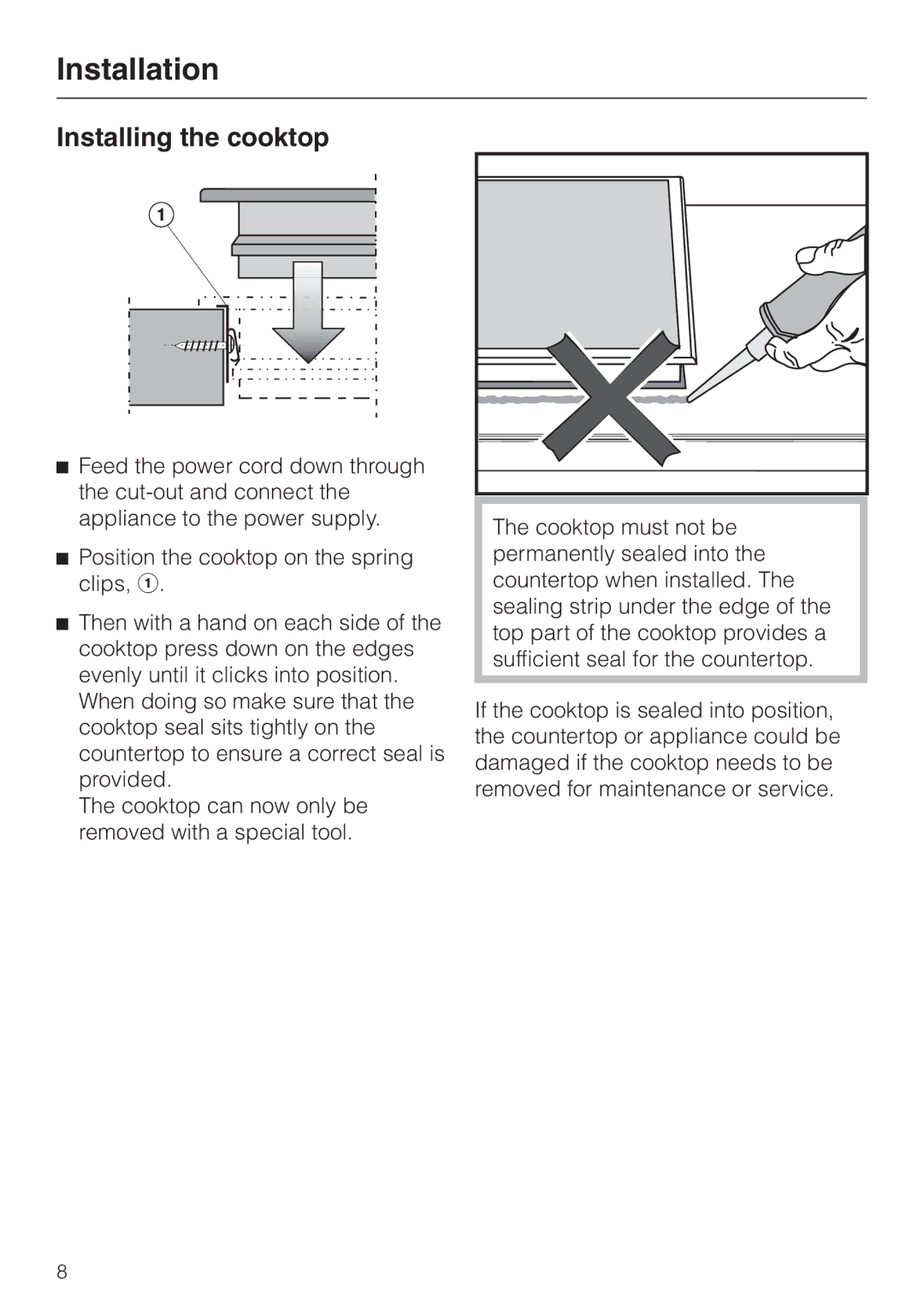 Miele KM451BK installation instructions Installing the cooktop 