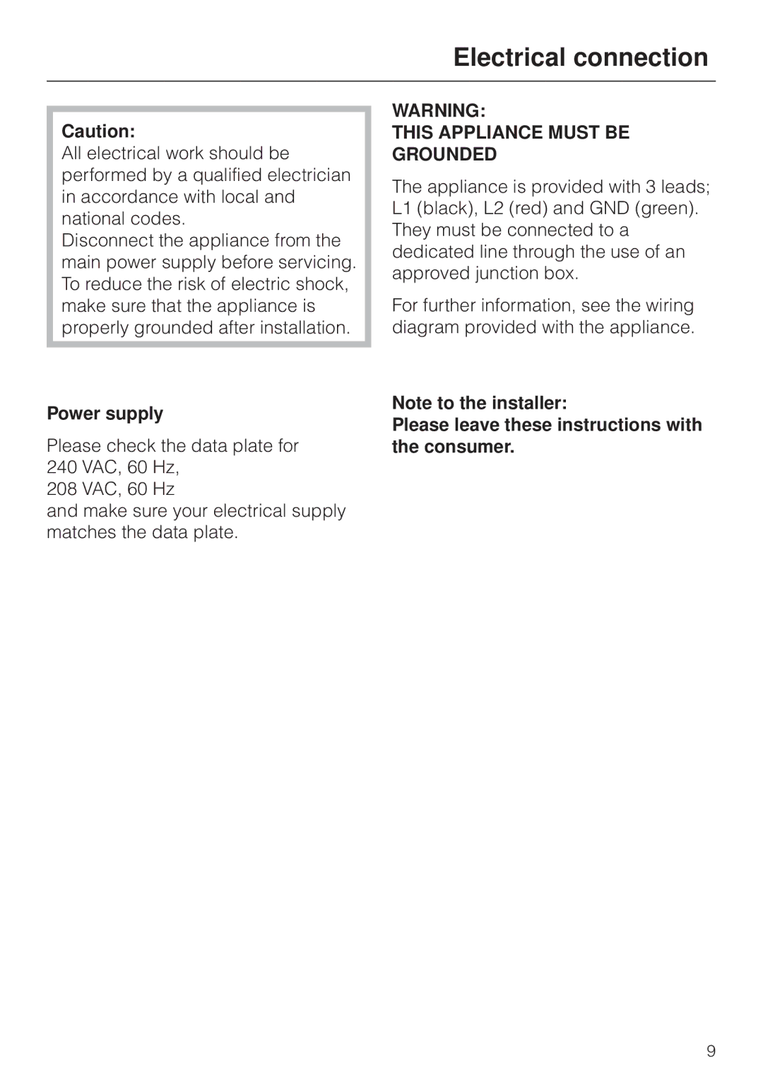 Miele KM451BK installation instructions Electrical connection, Power supply 