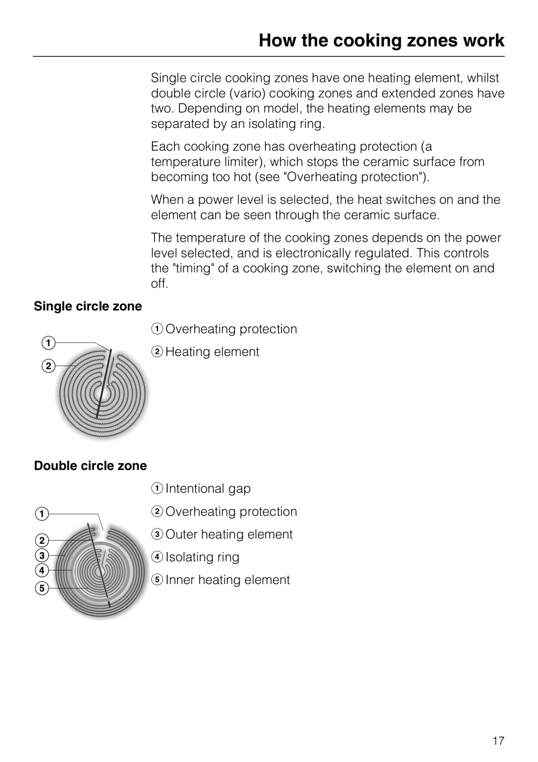 Miele KM5617, KM5600 installation instructions How the cooking zones work, Single circle zone, Double circle zone 