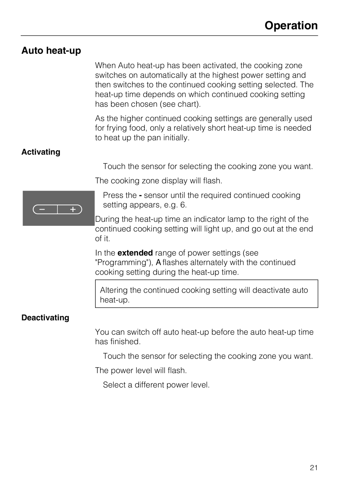 Miele KM5617, KM5600 installation instructions Auto heat-up, Activating, Deactivating 