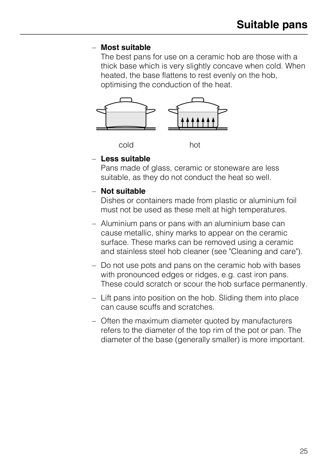 Miele KM5617, KM5600 installation instructions Suitable pans, Most suitable, Less suitable, Not suitable 