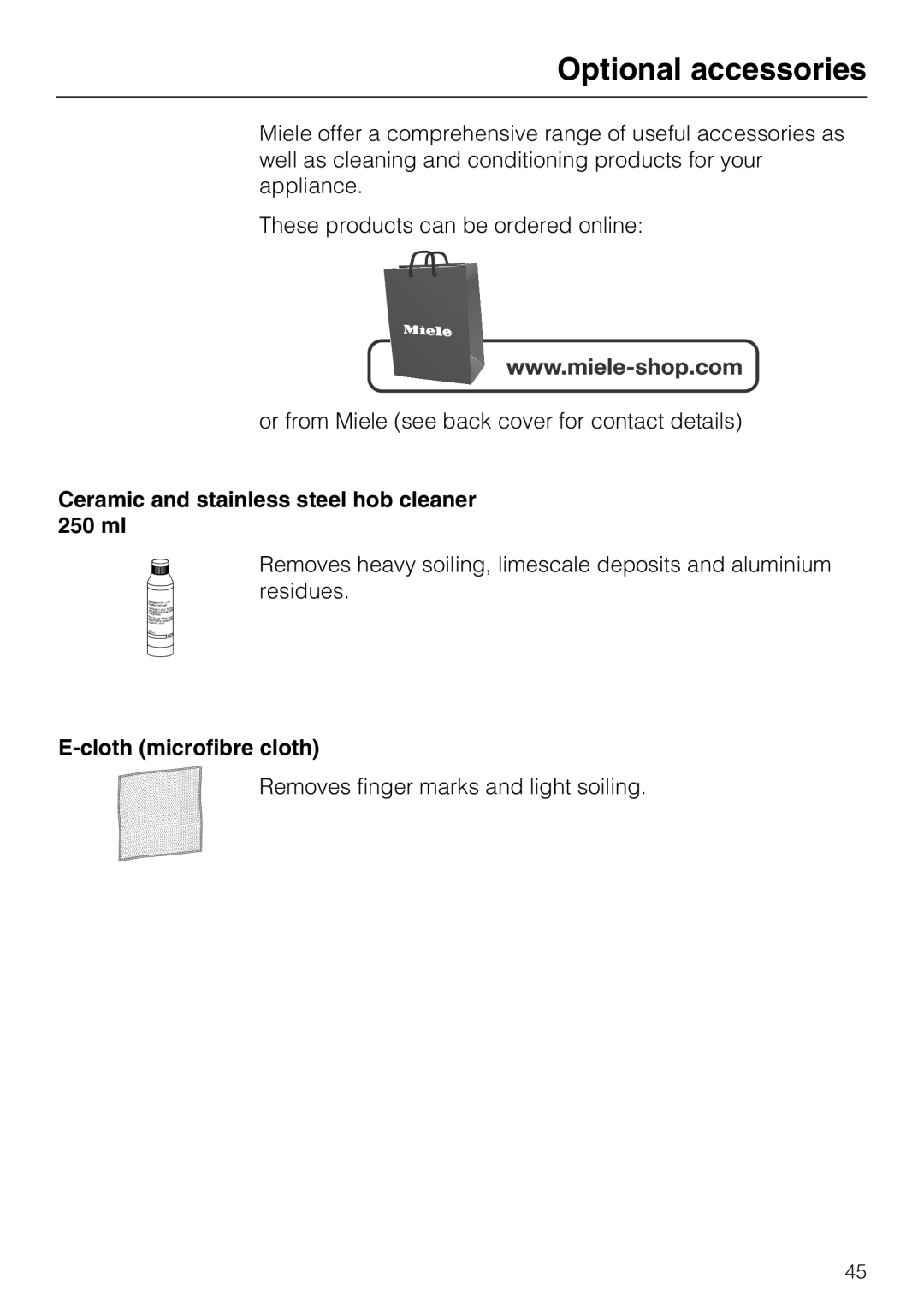 Miele KM5617, KM5600 Optional accessories, Ceramic and stainless steel hob cleaner 250 ml, Cloth microfibre cloth 