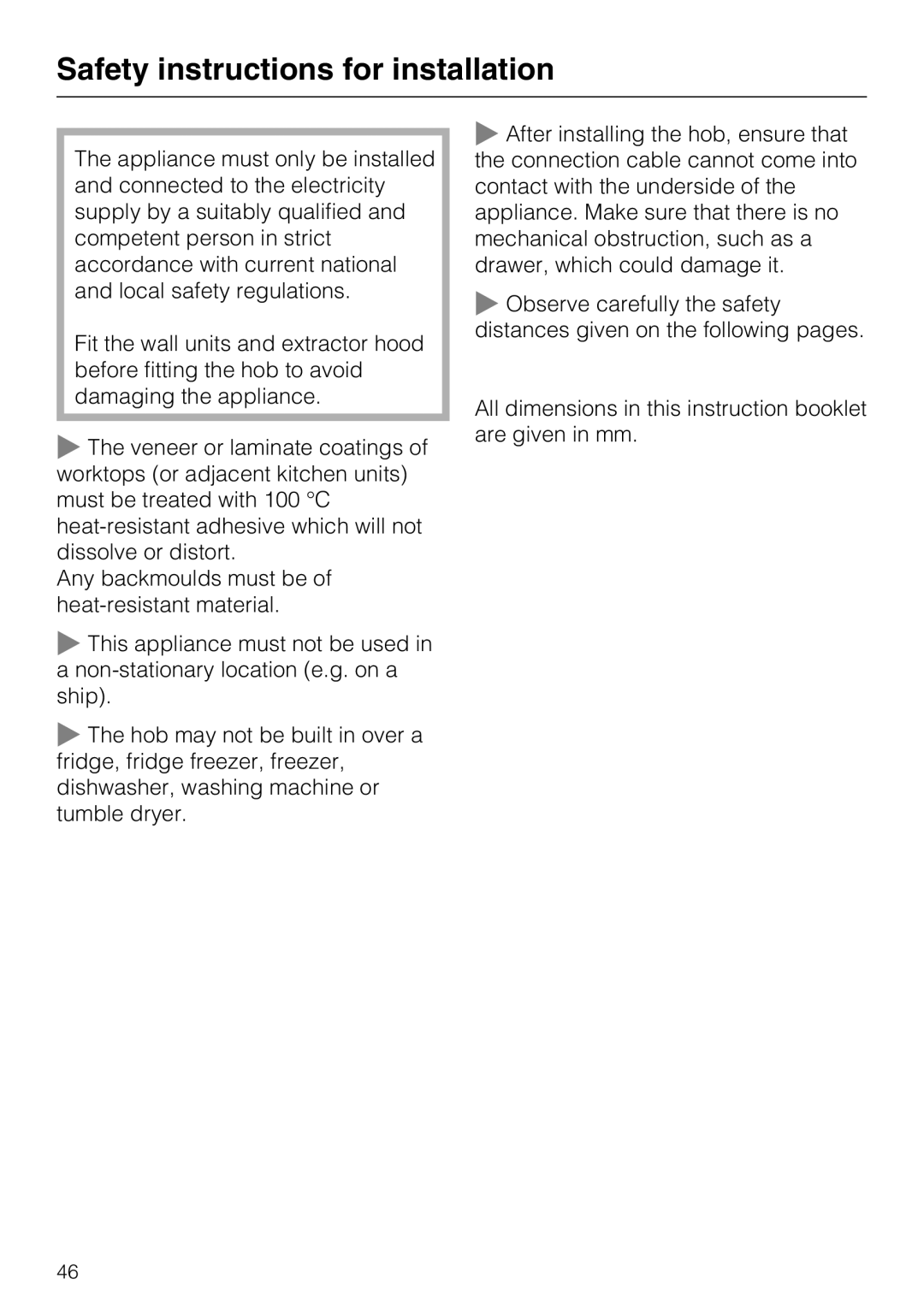 Miele KM5600, KM5617 installation instructions Safety instructions for installation 