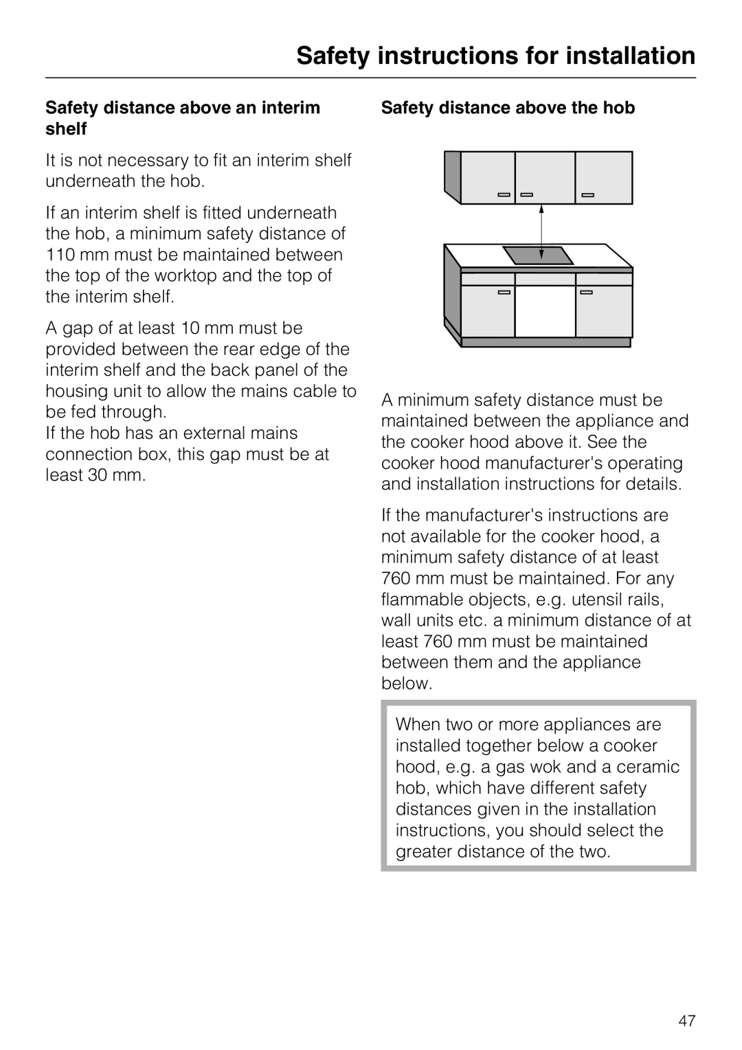 Miele KM5617, KM5600 installation instructions Safety distance above an interim shelf, Safety distance above the hob 