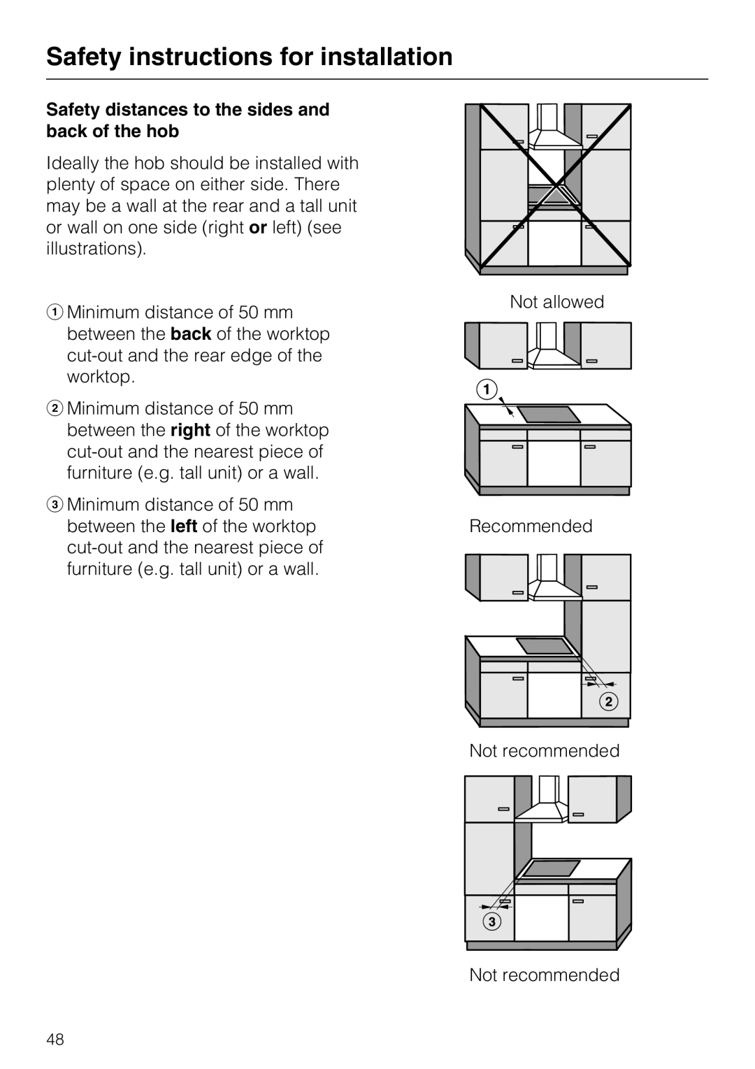 Miele KM5600, KM5617 installation instructions Safety distances to the sides and back of the hob 