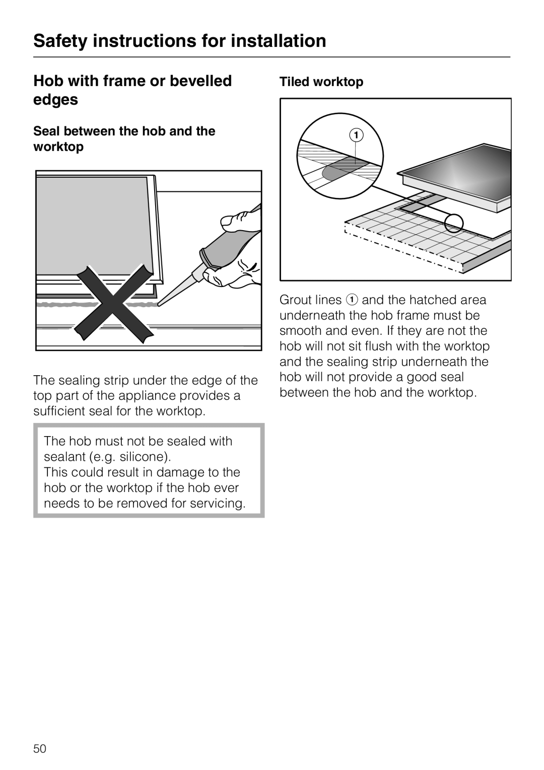 Miele KM5600, KM5617 installation instructions Hob with frame or bevelled edges, Seal between the hob and the worktop 