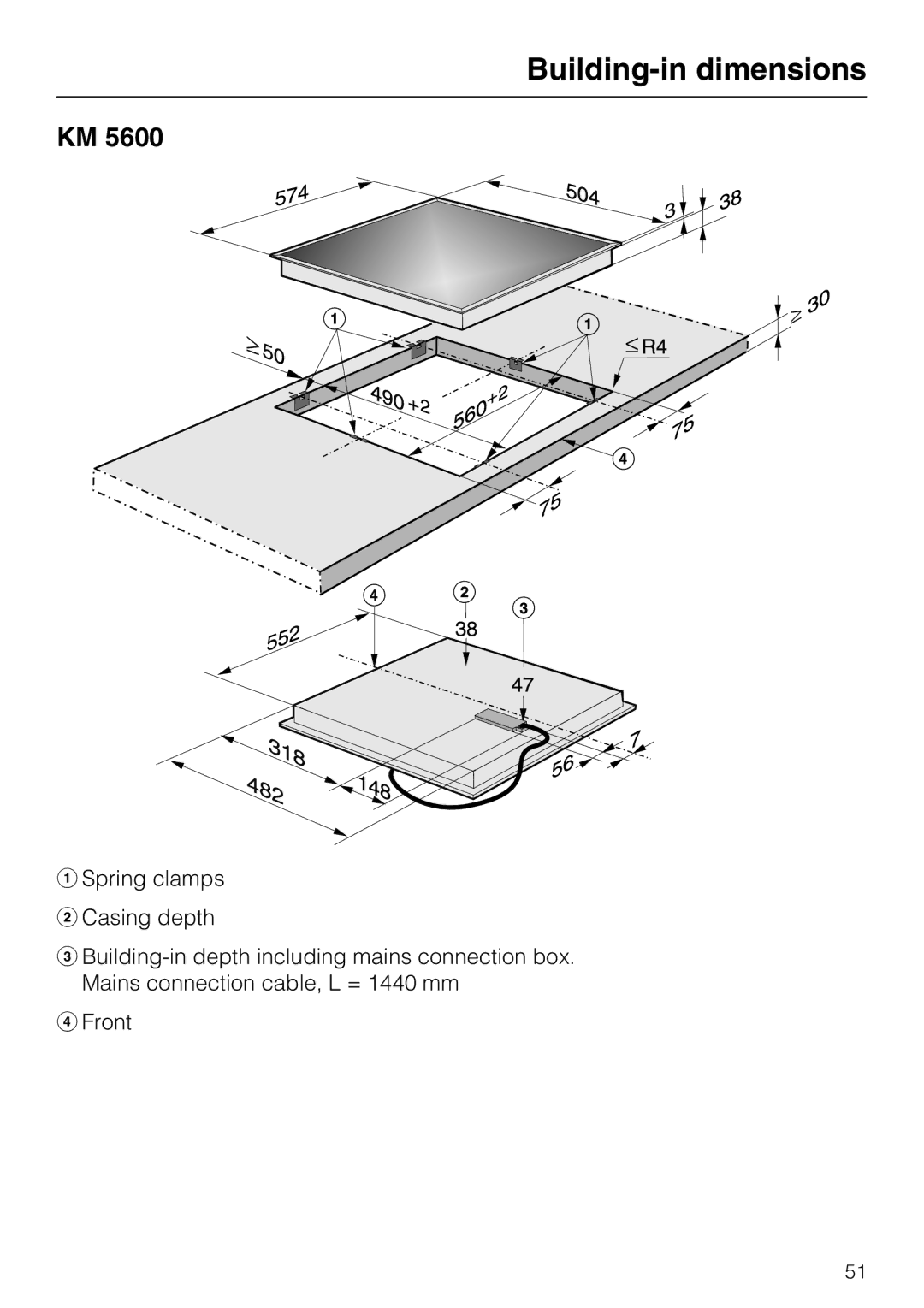 Miele KM5617, KM5600 installation instructions Building-in dimensions 