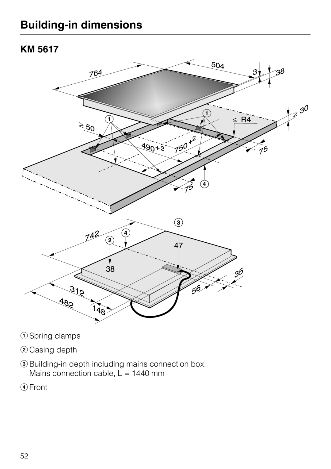 Miele KM5600, KM5617 installation instructions Building-in dimensions 