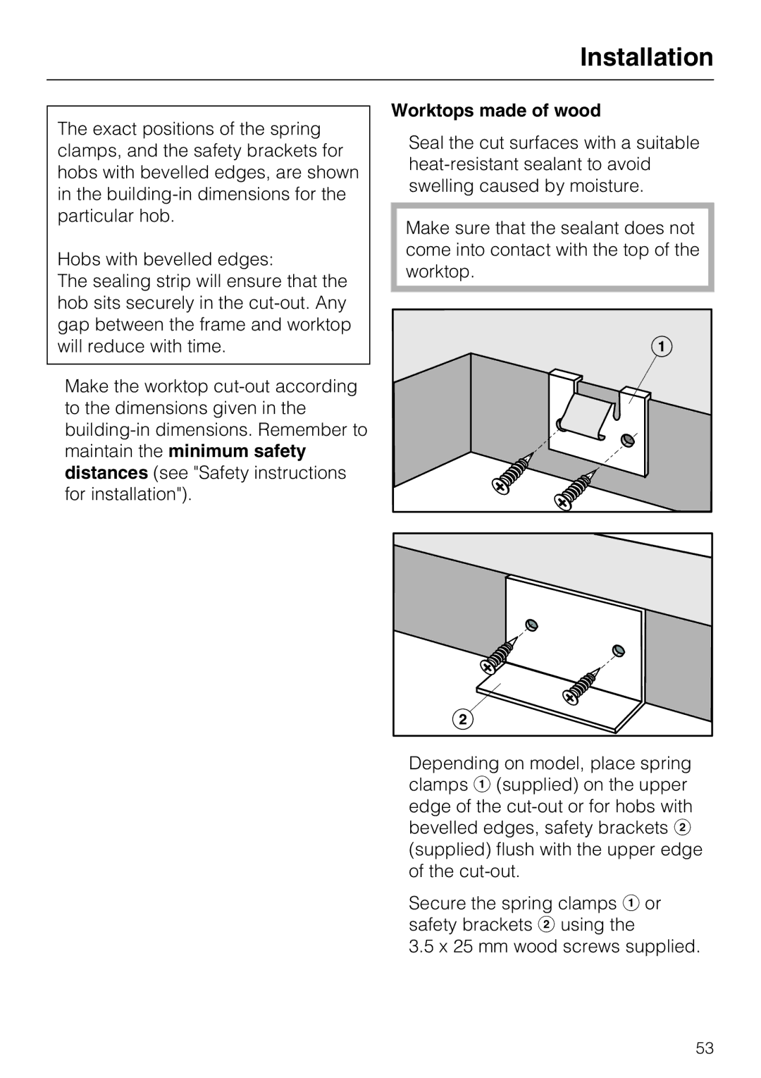 Miele KM5617, KM5600 installation instructions Installation, Worktops made of wood 