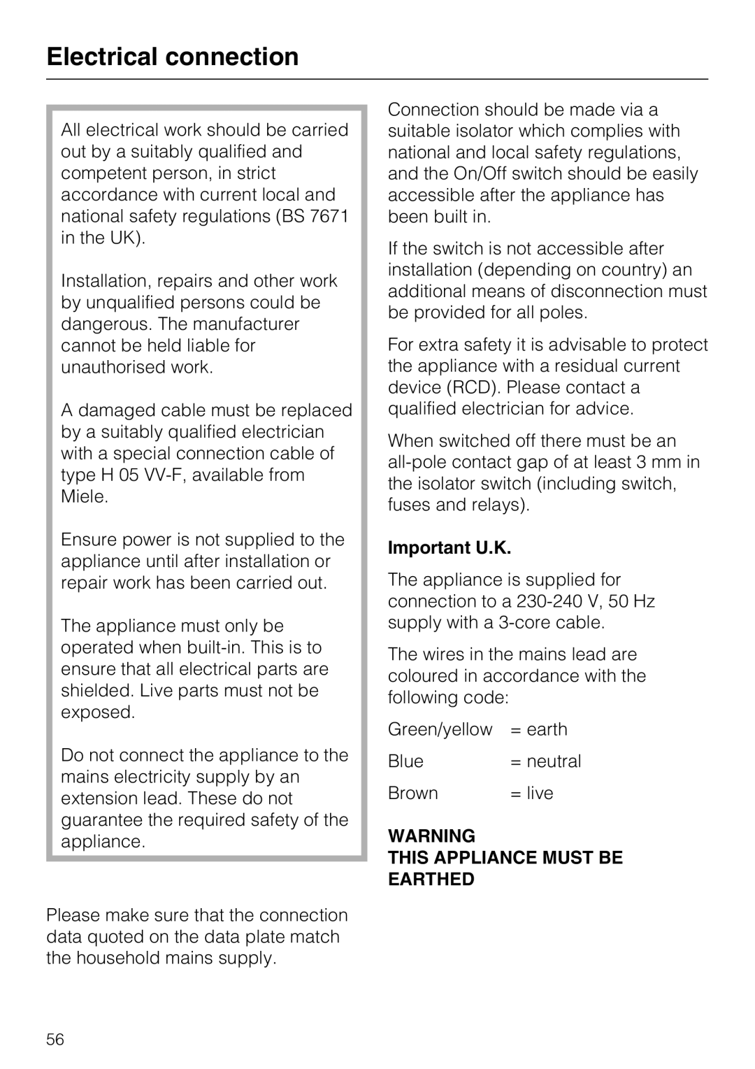 Miele KM5600, KM5617 installation instructions Electrical connection, Important U.K 