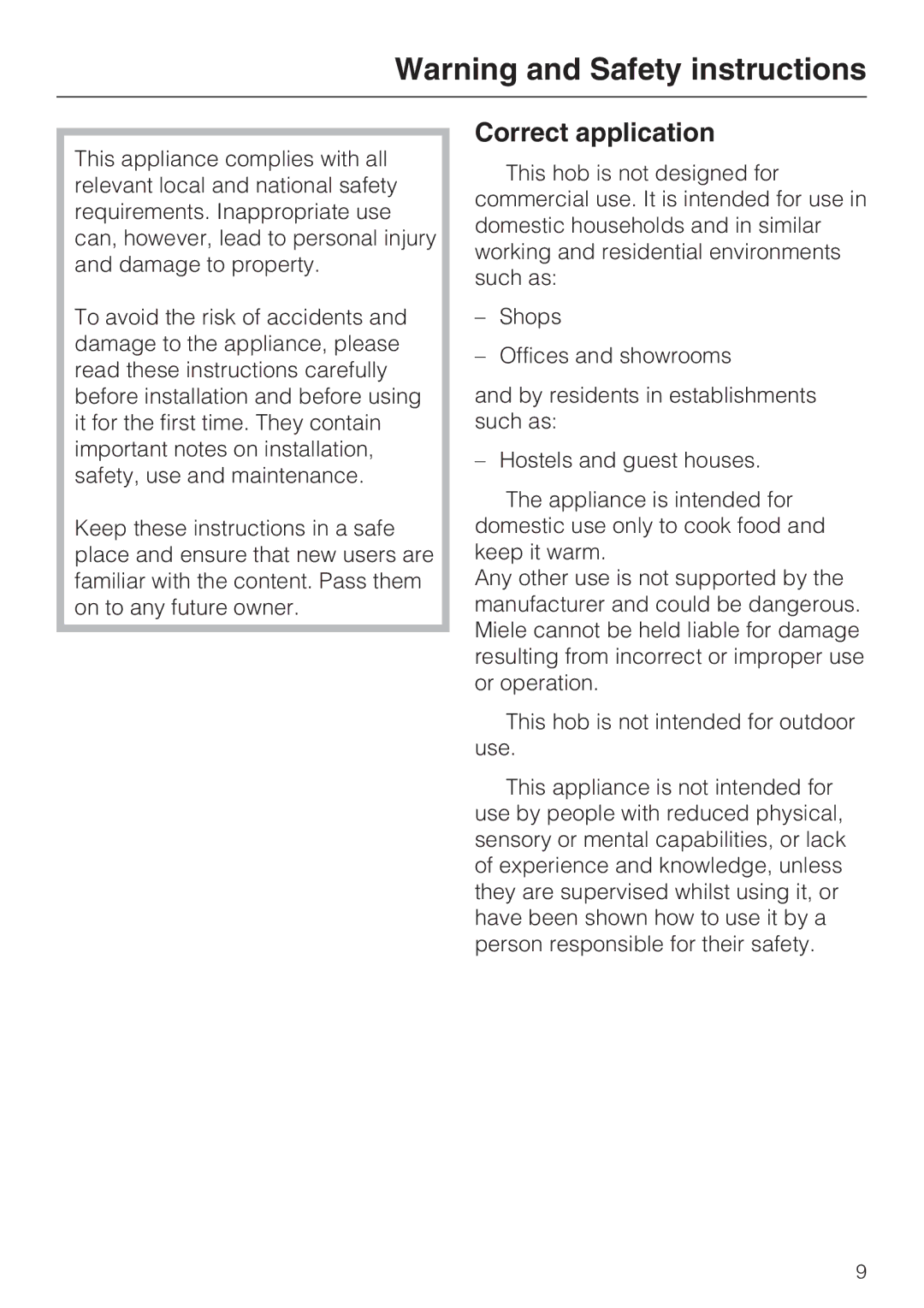 Miele KM5617, KM5600 installation instructions Correct application 