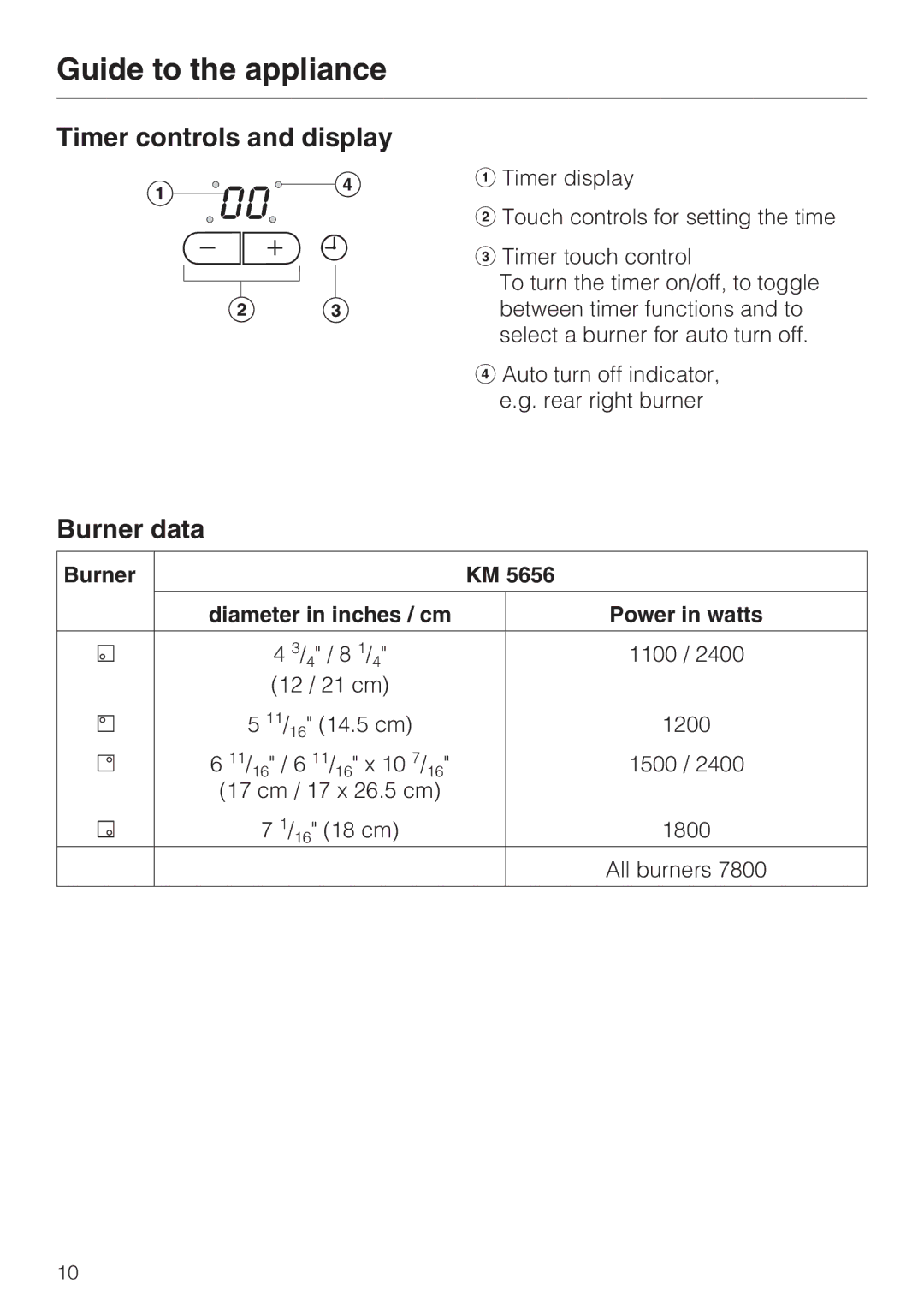 Miele KM5656 installation instructions Timer controls and display, Burner data, Power in watts 