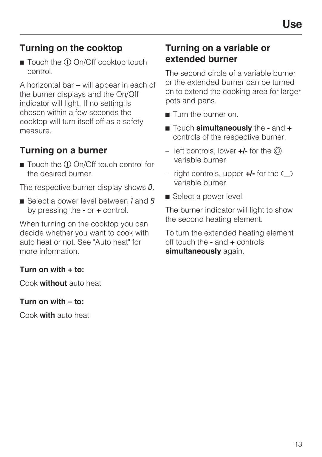 Miele KM5656 Use, Turning on the cooktop, Turning on a burner, Turning on a variable or extended burner 