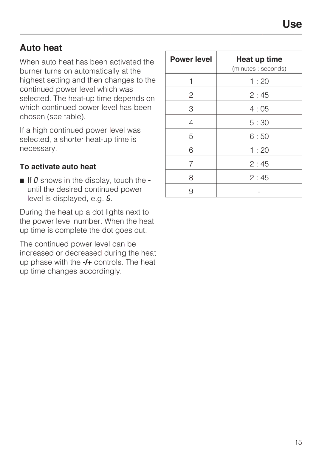 Miele KM5656 installation instructions Auto heat, To activate auto heat, Power level Heat up time 