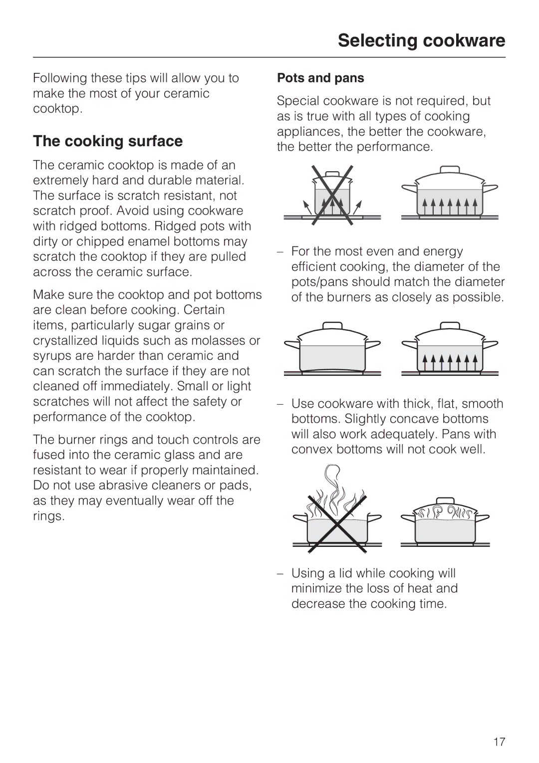 Miele KM5656 installation instructions Selecting cookware, Cooking surface, Pots and pans 