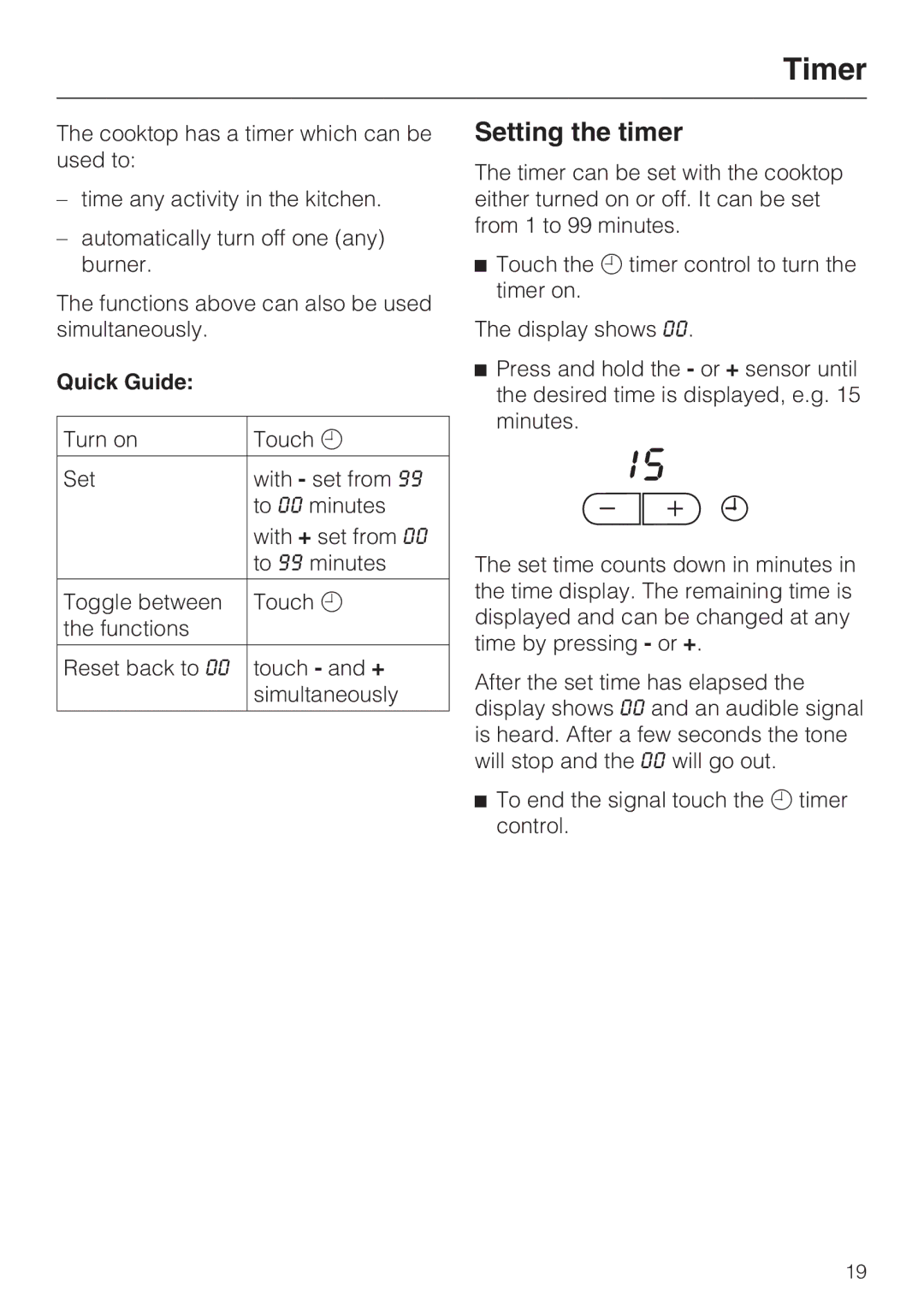 Miele KM5656 installation instructions Timer, Setting the timer, Quick Guide 