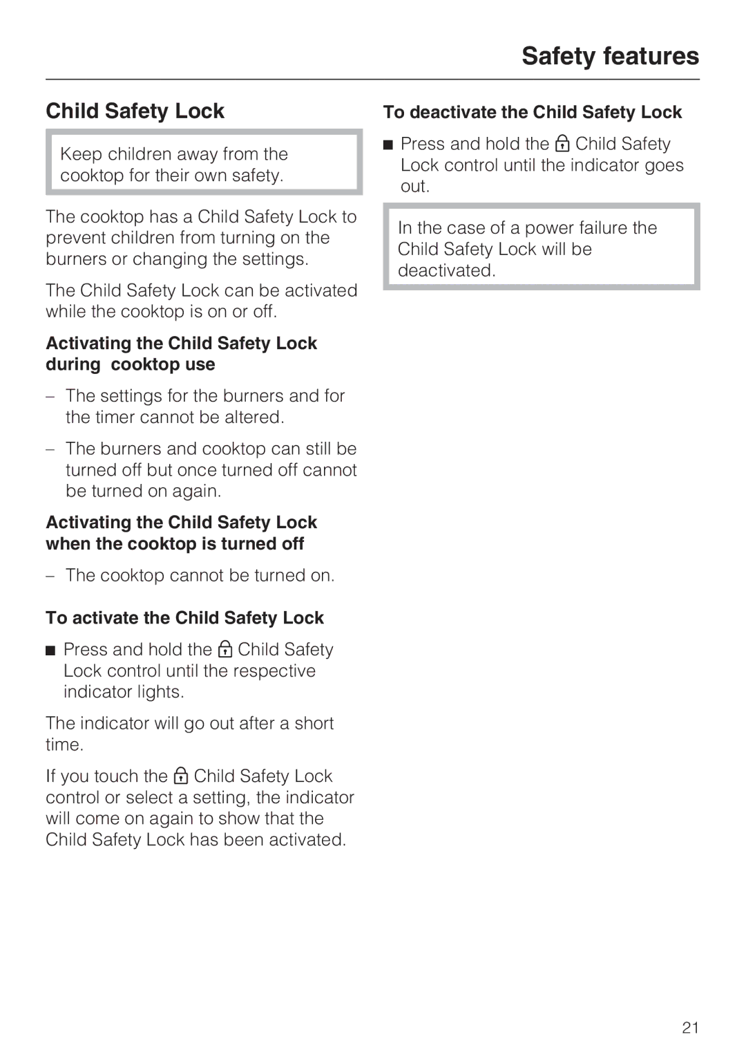 Miele KM5656 Safety features, Activating the Child Safety Lock during cooktop use, To activate the Child Safety Lock 