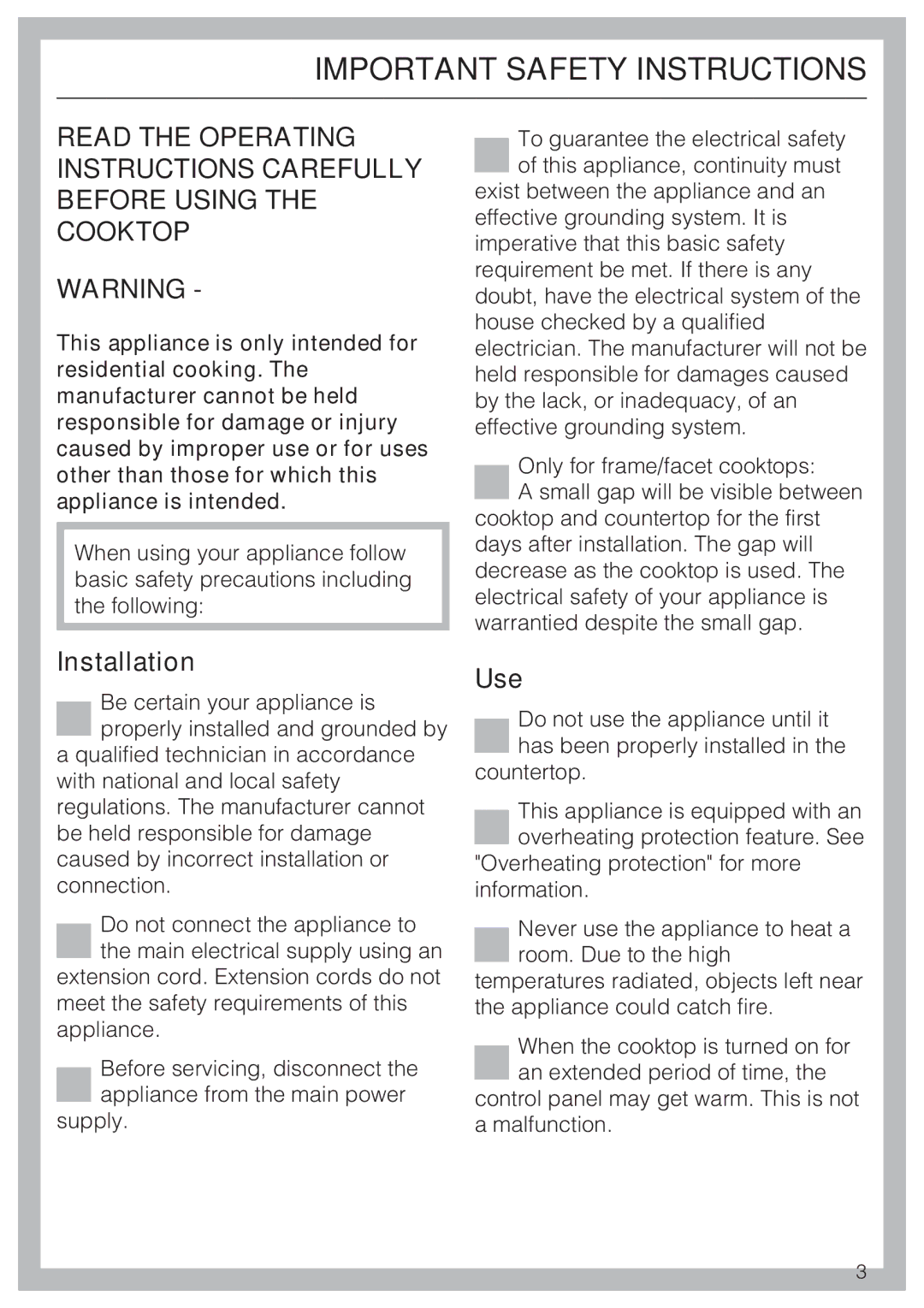 Miele KM5656 installation instructions Installation, Use 