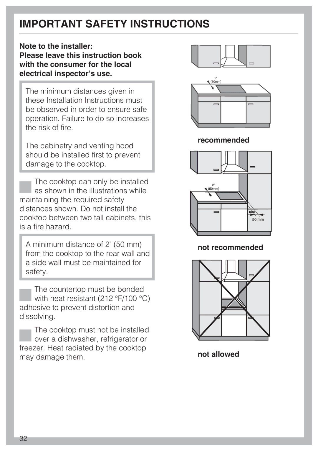 Miele KM5656 installation instructions Recommended Not recommended Not allowed 