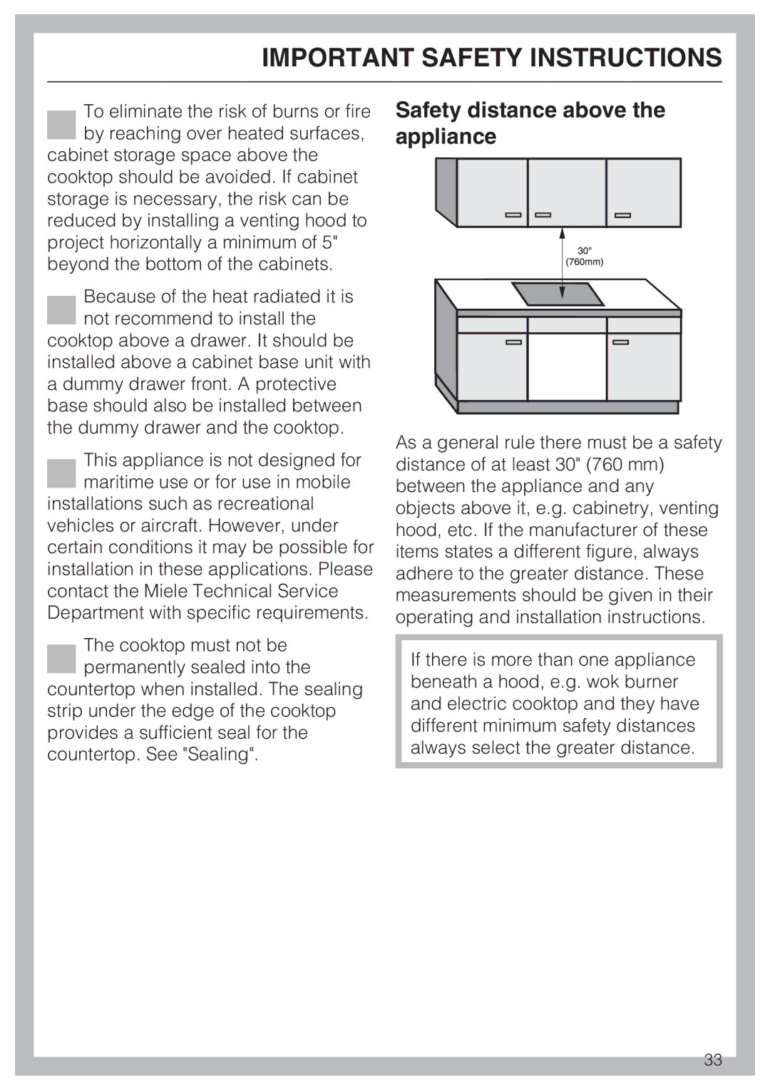 Miele KM5656 installation instructions Safety distance above the appliance 